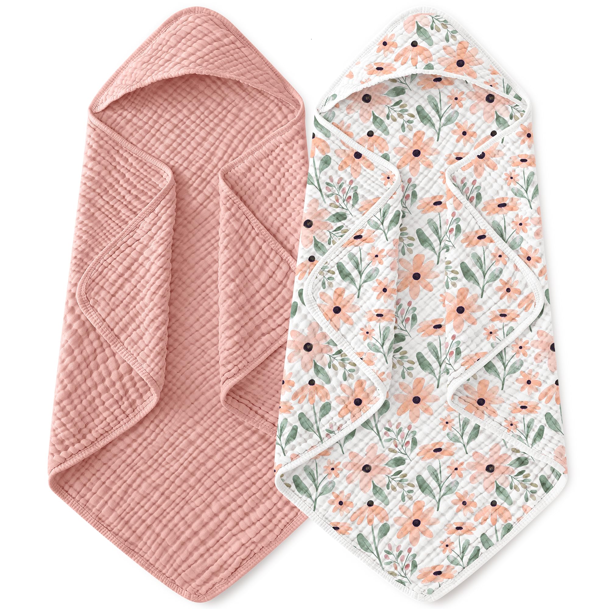 Yoofoss Hooded Baby Bath Towels 2 Pack 100% Muslin Organic Cotton with Hood