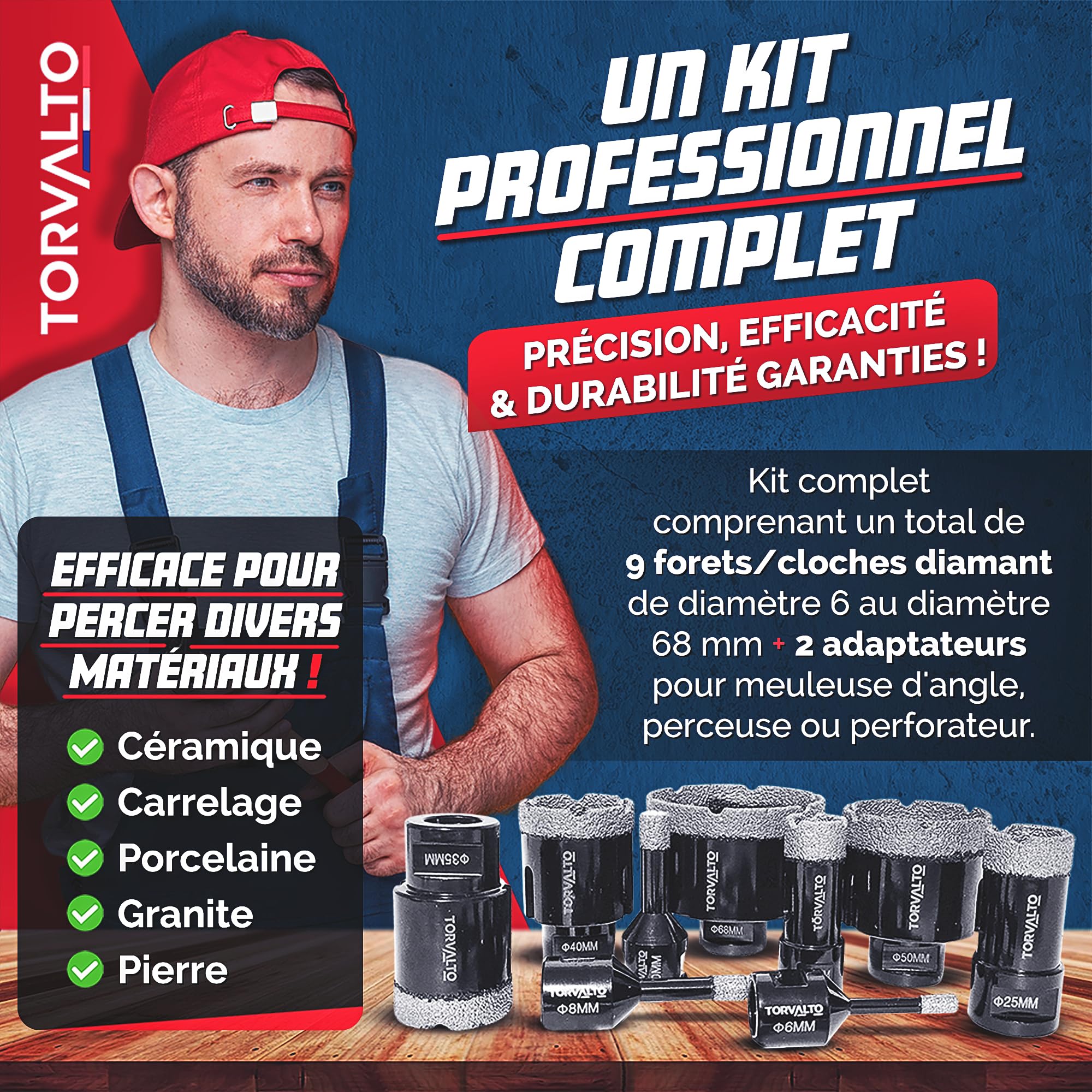 Kit forets diamant Professionnel TORVALTO 6/8/10/20/25/35/40/50/68 + 2 adaptateurs HEX/SDS inclus pour perceuse. Idéale pour Carrelage Porcelaine Marbre Granit. Scie cloche carrelage Robuste