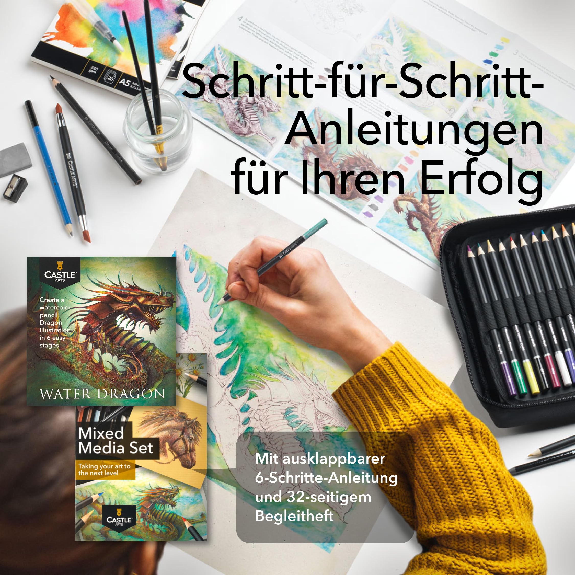Castle Art Supplies gemischtes Kunstmittel Set | 120+ Künstlerstifte-Kollektion – Buntstifte, Aquarellstifte, Pastellstifte, Metallic-Stifte, Grafitstifte, Kohlestifte | Im übersichtlichen Reiseetui