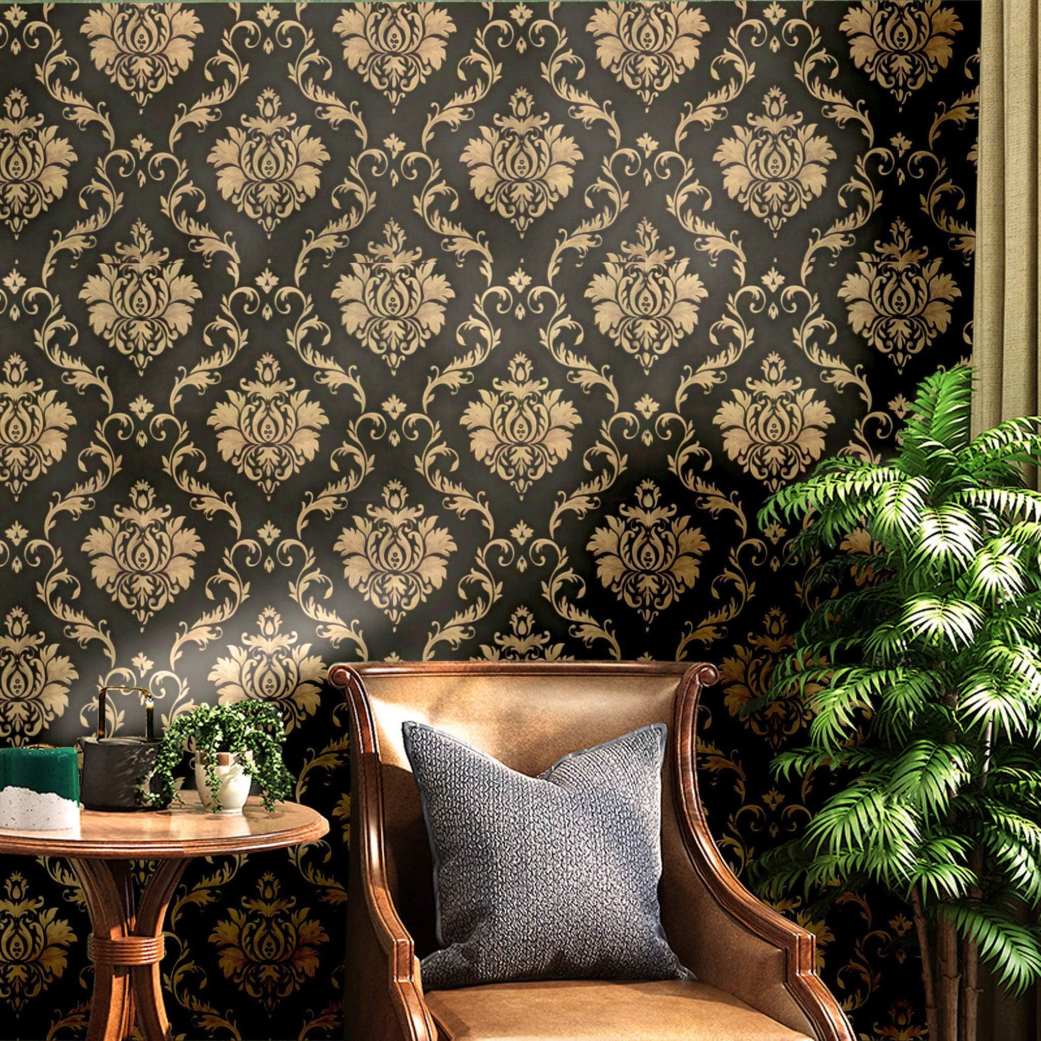 Blooming Wall Peel and Stick Vintage Gold Damasks Wallpaper Wall Decor Vinyl Self Adhesive Contact Paper Decorative (14.5 Square Ft/Roll)