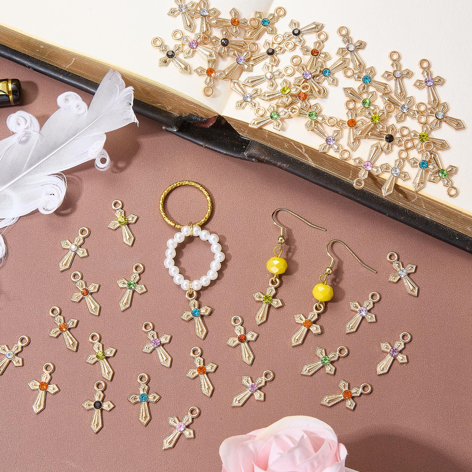 60 ciondoli a forma di croce dorata per bracciali, piccoli ciondoli con strass, in lega, ciondoli religiosi per collane, orecchini, accessori per gioielli