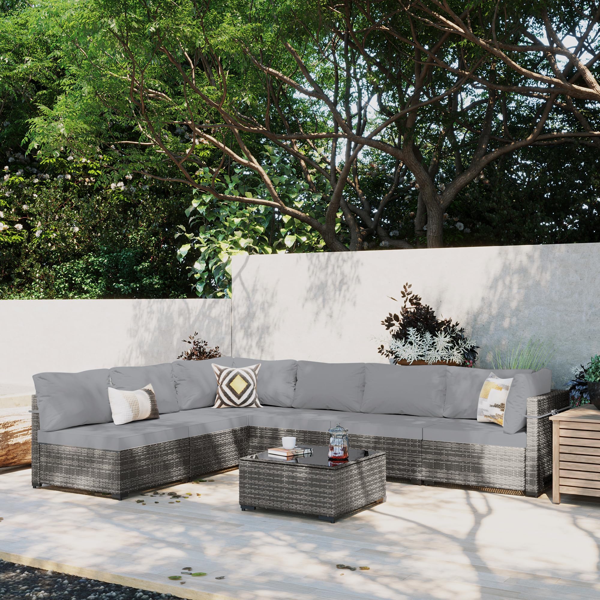 7 Pieces Patio Furniture Set Outdoor Sectional Sofa Set, Grey PE Rattan Wicker Conversation Set with Coffee Table for Deck, Backyard, Lawn, Light Gray (box 2/3 only)