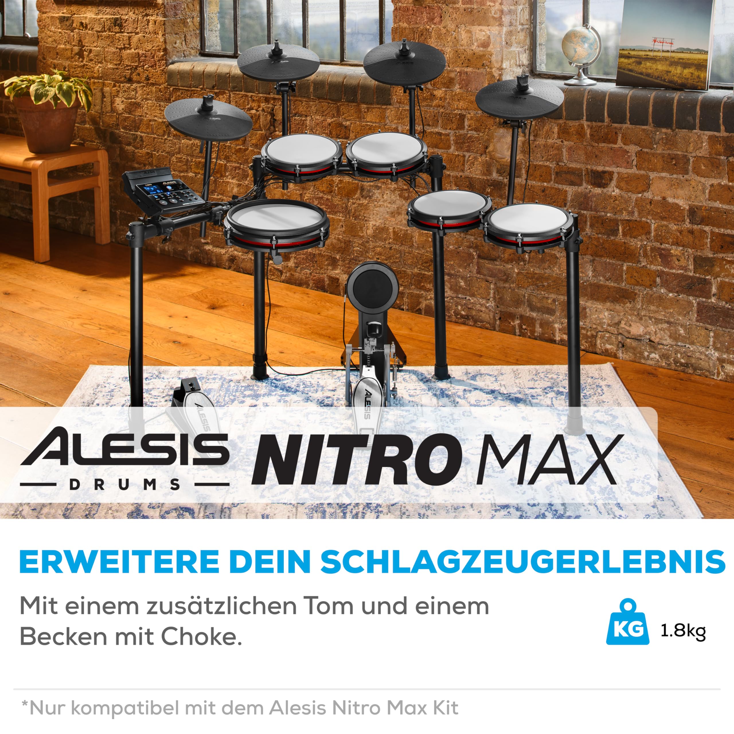 Alesis Nitro Max Kit 10-teiliges Elektronische Schlagzeug mit Quiet Mesh Pads, 10" Dual Zone Snare, Bluetooth, 440+ Sounds, Drumeo, USB MIDI, Kick Pedal