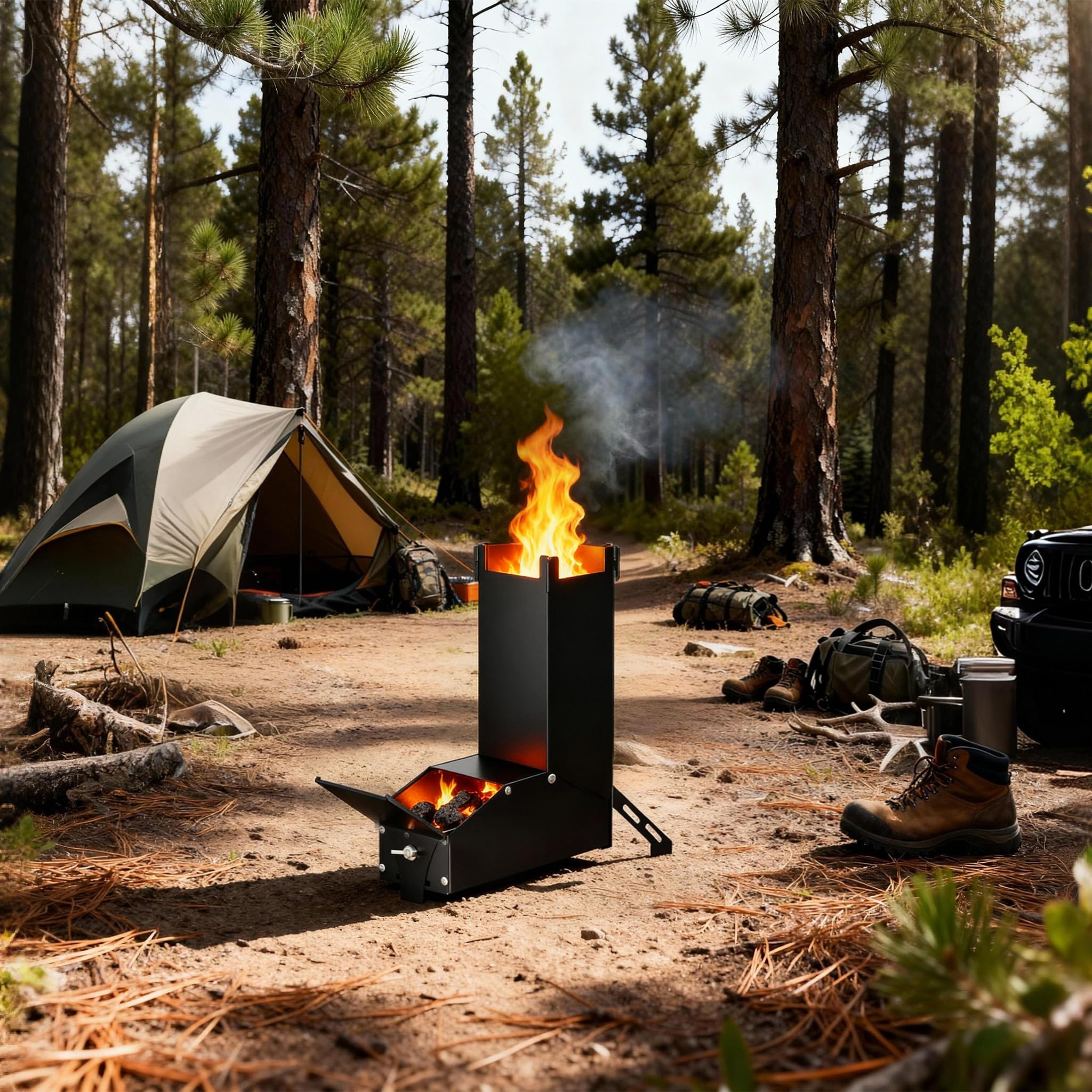 YRHome Four à roquettes en acier inoxydable - Cheminée brasero - Poêle de camping portable en bois, poêle de camping avec sac, réchaud de camping et poêle de terrasse, barbecue de camping pour