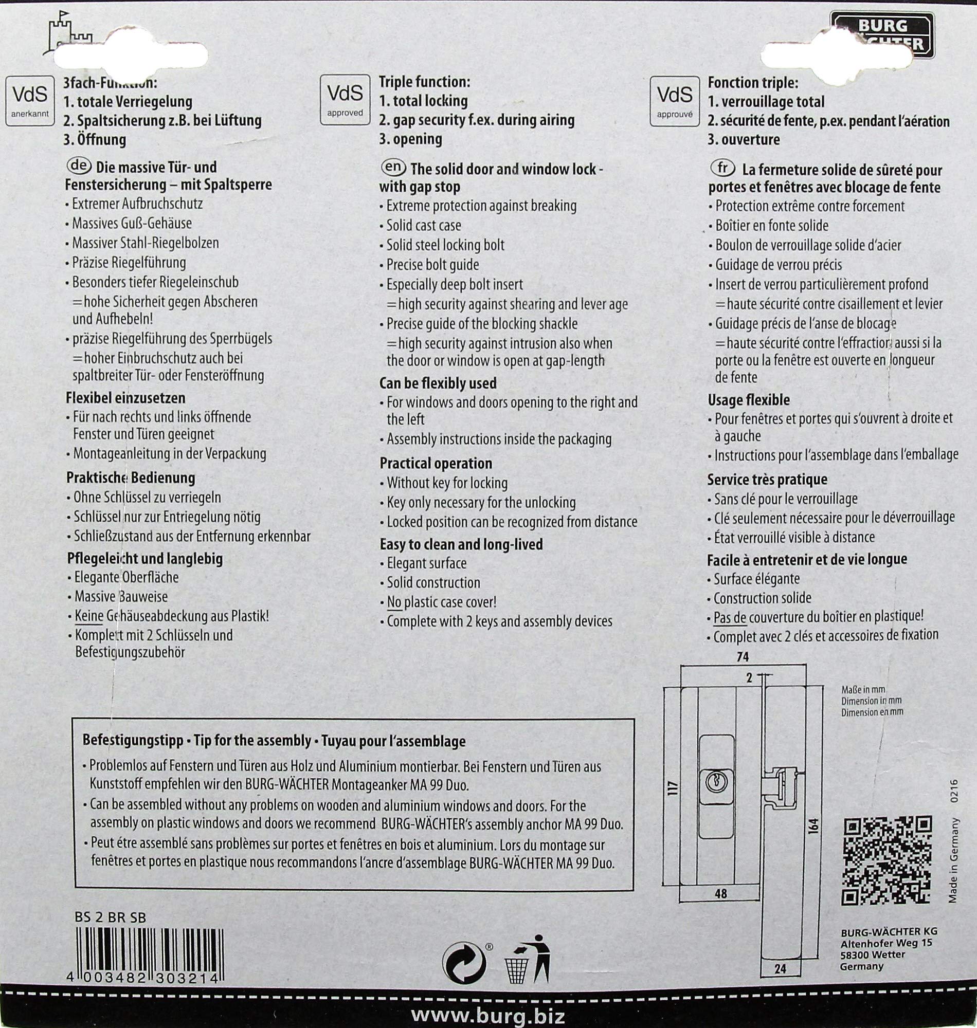 Burg-Wächter Fenstersicherung, Einbruchschutz für Fenster und Balkontüren, Abschließbar, Unter-/Ober-/Griffseite, Kippfenster, BlockSafe BS 2, Weiß