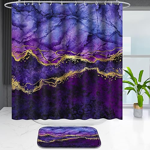 Miniatura 2 de Poedist Juego de 4 cortinas de ducha de baño con borde dorado, juego de baño con cortina de ducha y alfombras (tapete de baño, forma de U y tapete