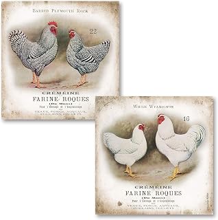 Vintage French Chicken and Rooster Pairs; French Country Decor; Two 12 x 12 Poster Prints