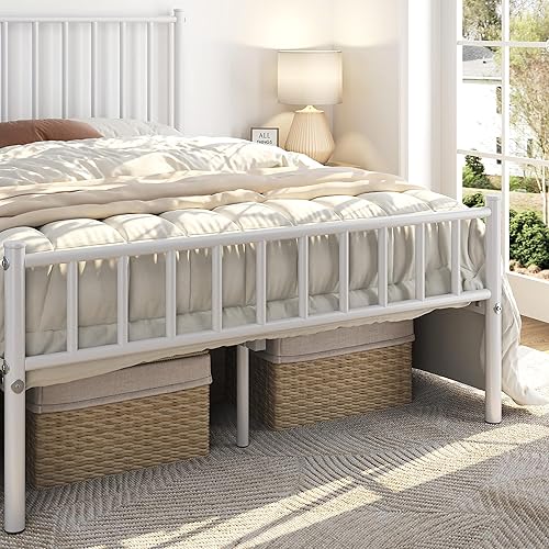 Miniatura 4 de Topeakmart Base de cama matrimonial de metal blanco con cabecero y estribo, base de cama de plataforma matrimonial, resistente, no necesita somier,
