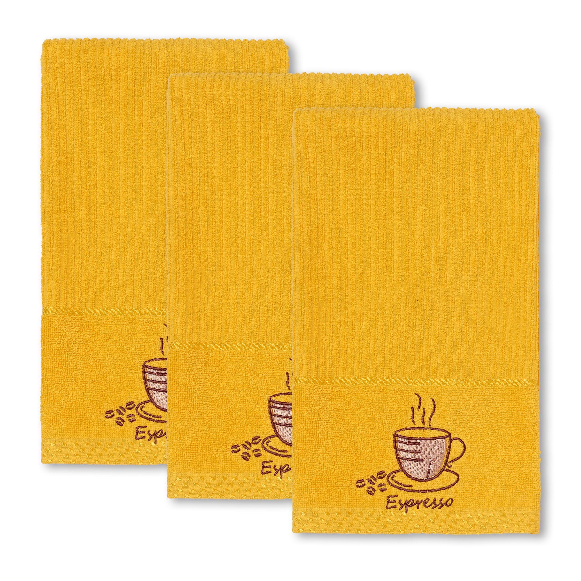 La Maison Woven Embroidered Tea Towels Pack of 3 Large 40 x 70cm Super Absorbent Housewarming Gifts 4 Styles Cotton Rich (Mustard, Espresso)