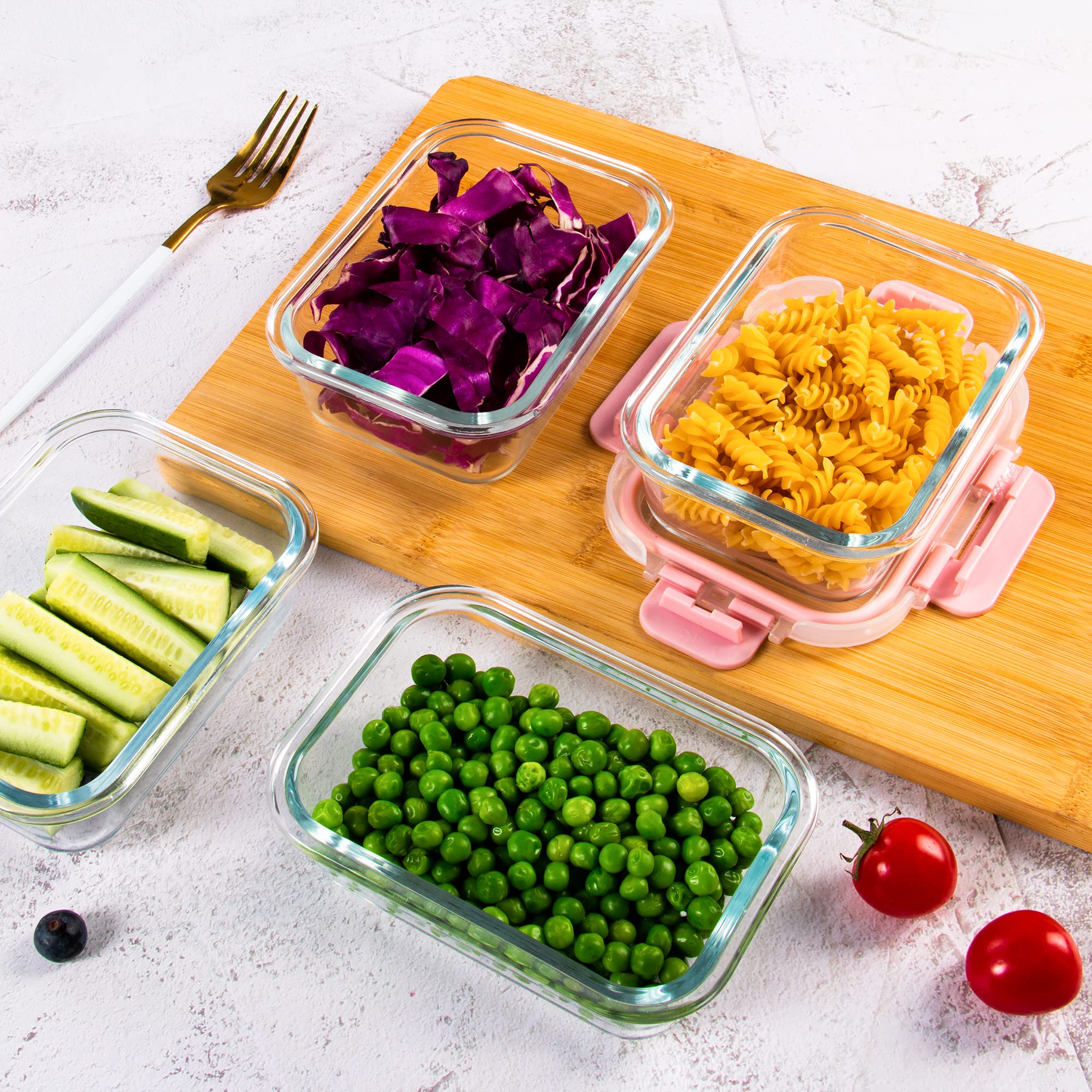 Paquete de 10 recipientes de almacenamiento de alimentos de cristal, herméticos con tapa, recipiente de cristal para el almuerzo, apto para microondas y lavavajillas, color rosa