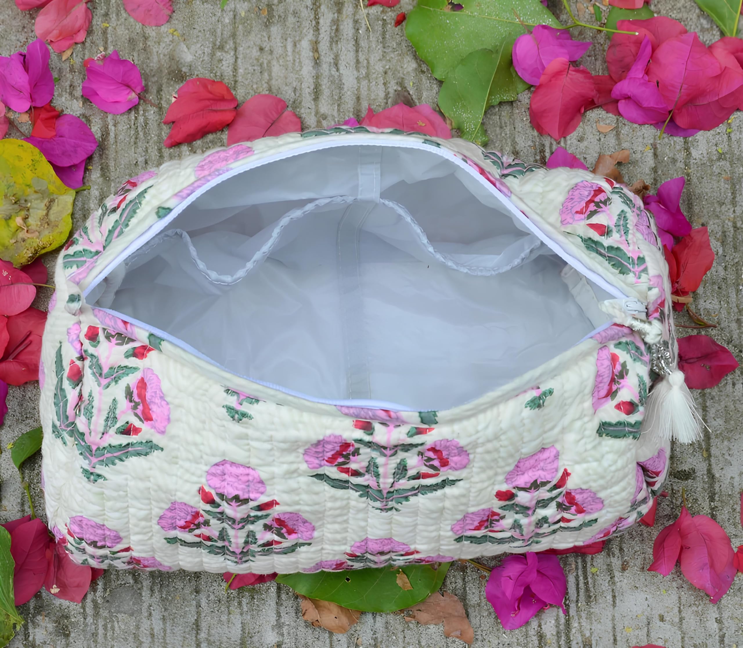 INDACORIFY Borsa per cosmetici trapuntata Borsa per cosmetici impermeabile con stampa a mano Borsa da toilette impermeabile in tessuto di cotone Set di 3 astucci per trucco