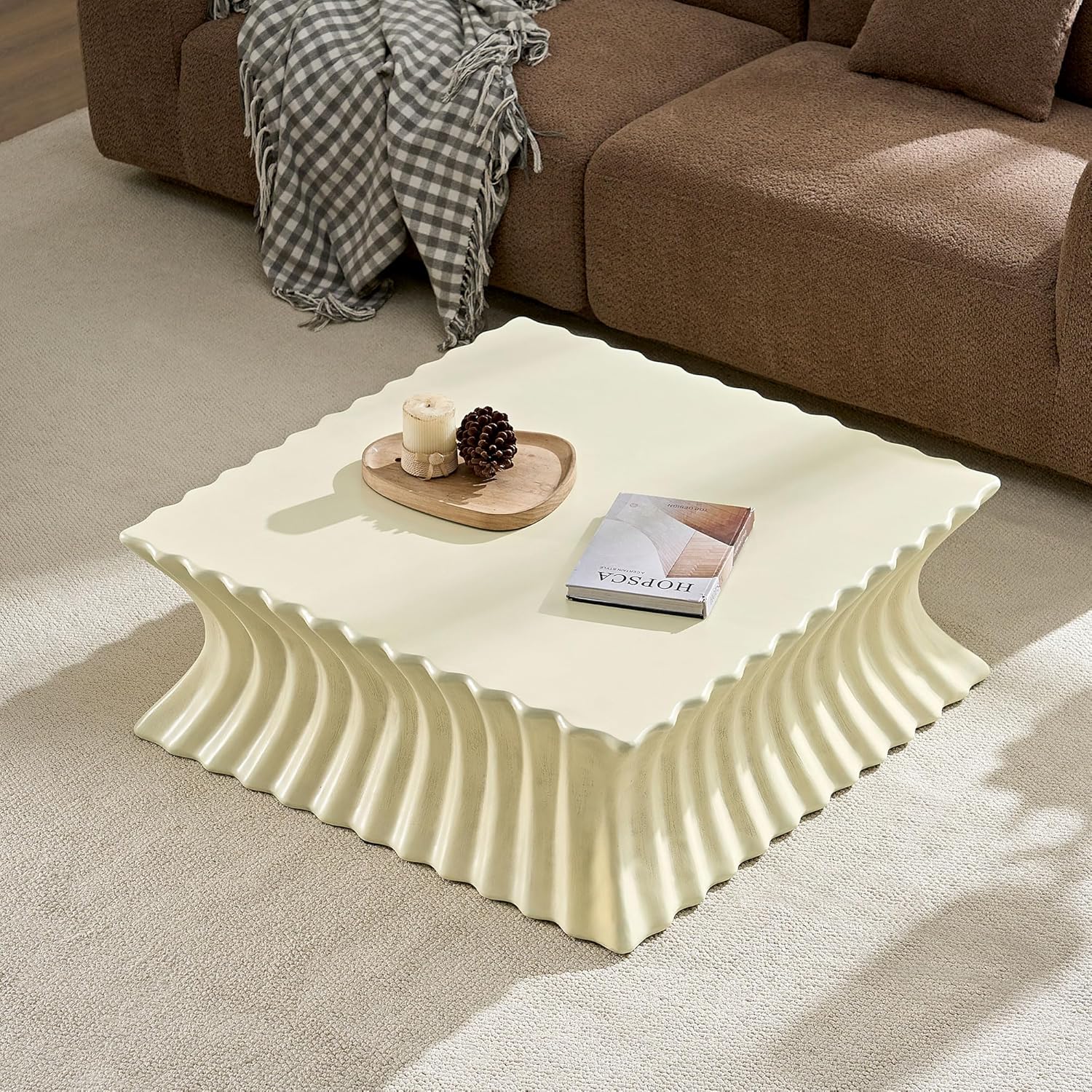35.43" Square Coffee Table Vintage Sturdy Fiberglass Table for Living Room Bedroom Apartment Office,Beige