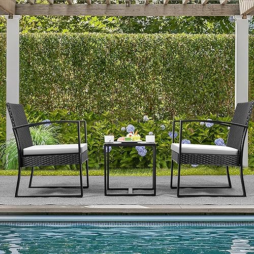 Miniatura 6 de Devoko Juego de 3 piezas para patio, muebles de patio al aire libre, mesa y sillas de resina con cojines para balcón, porche, bistró (blanco)