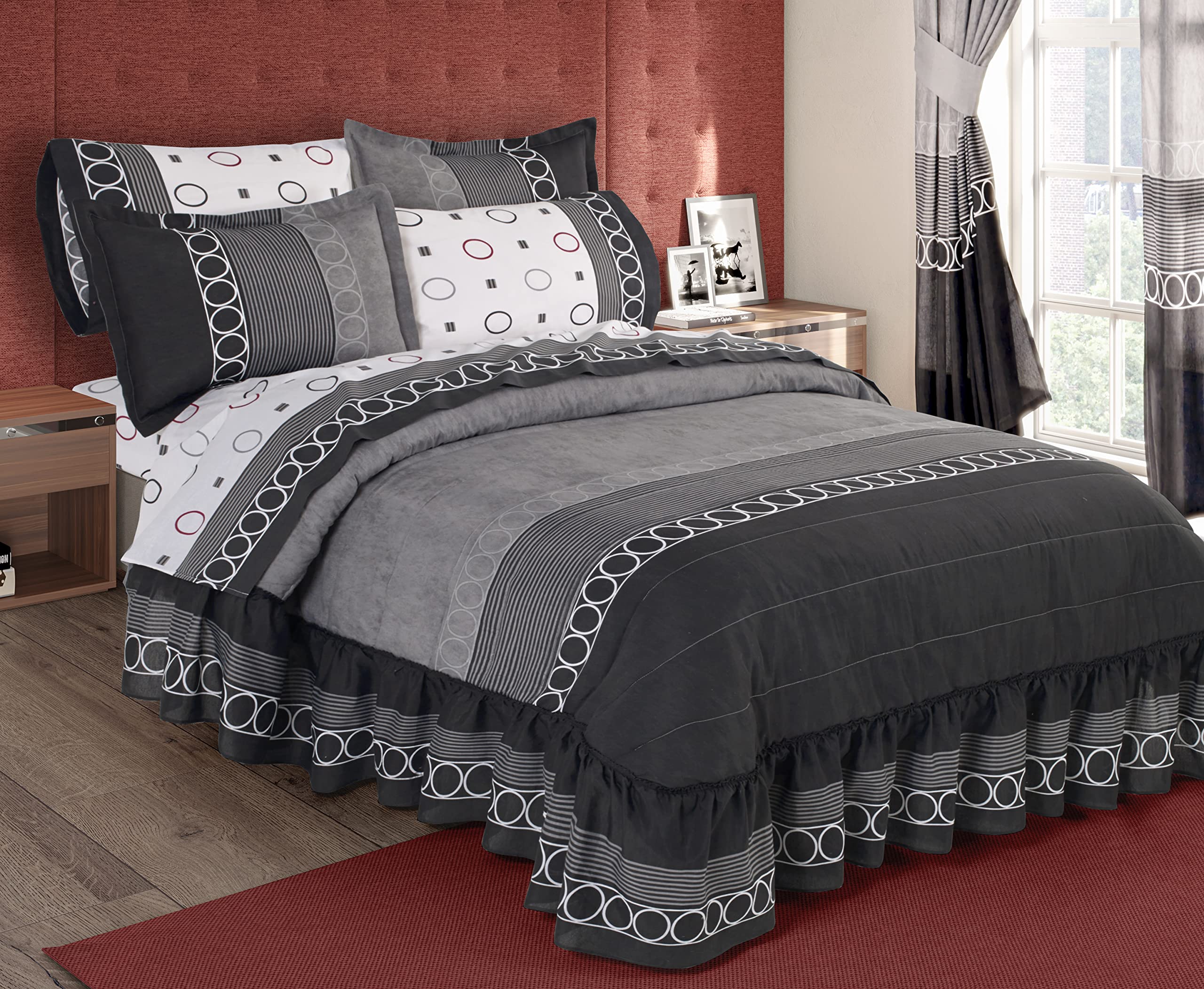 Primor Kyber 3 Piece Bedspread Set with Attached Frill - Bedding Cotton Rich - Modern Black & Grey Design with Circles Stripes Lines Squares - Geometric Pattern (King Size)