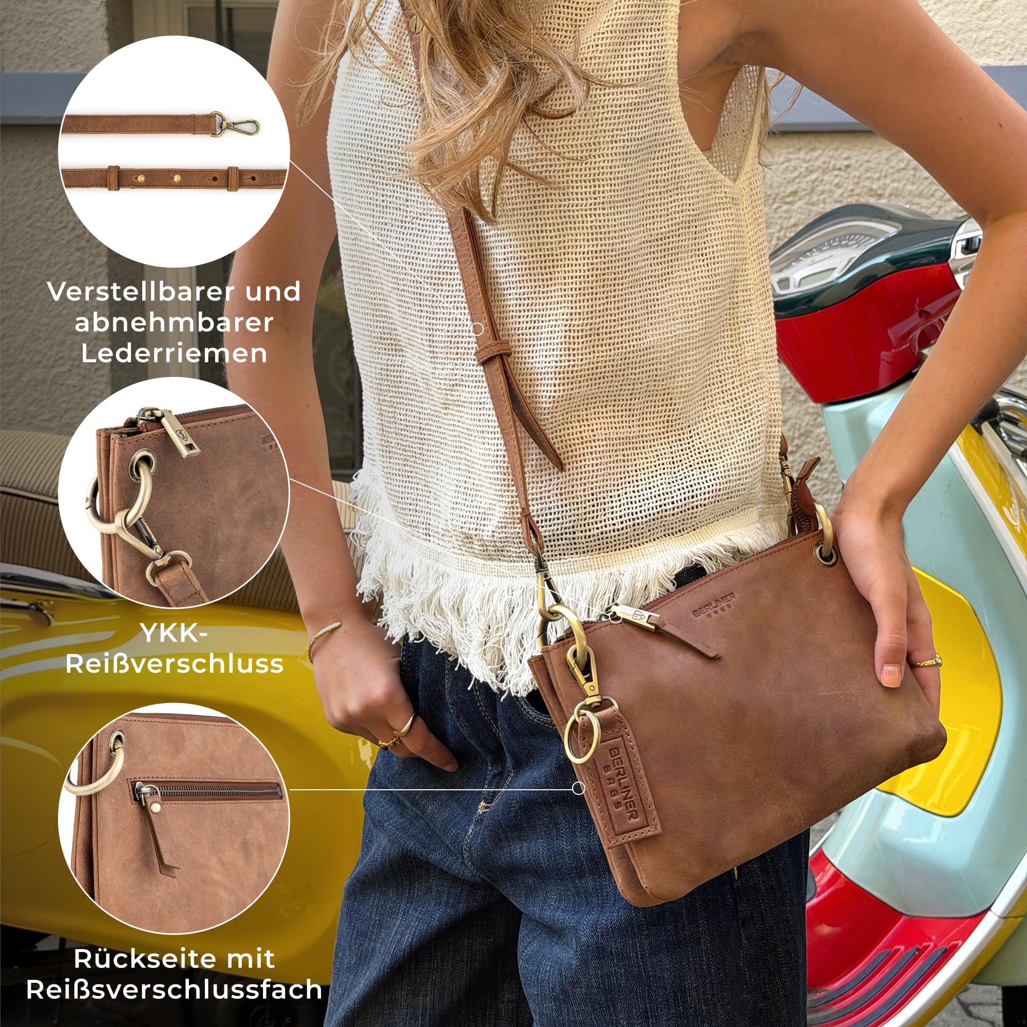 Berliner Bags Leder Umhängetasche Nice Vintage, Crossbody Tasche - Braun