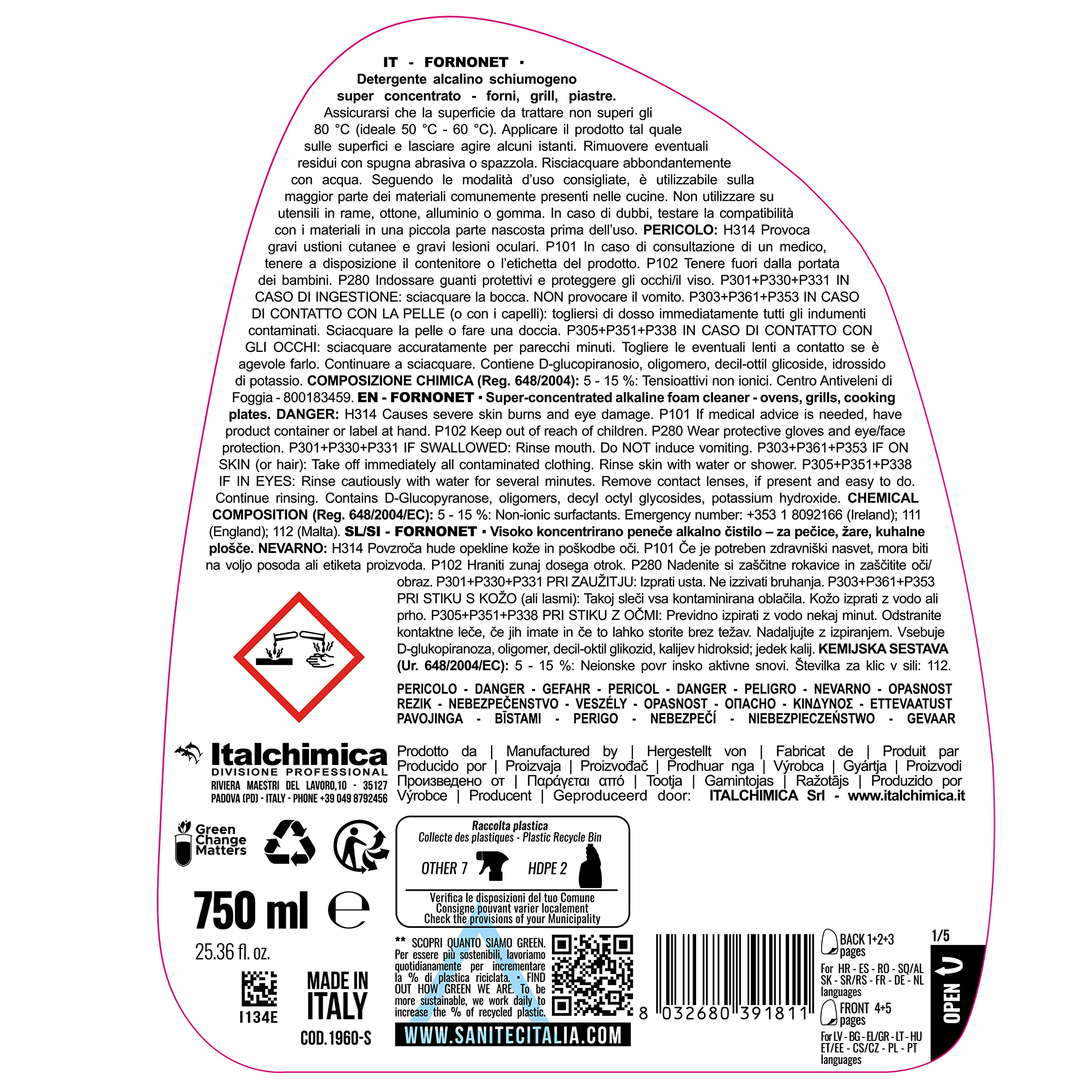 Sanitec Detergente Alcalino Schiumogeno Super Concentrato per Forni Grill e Piastre 6 Flaconi 750 ml