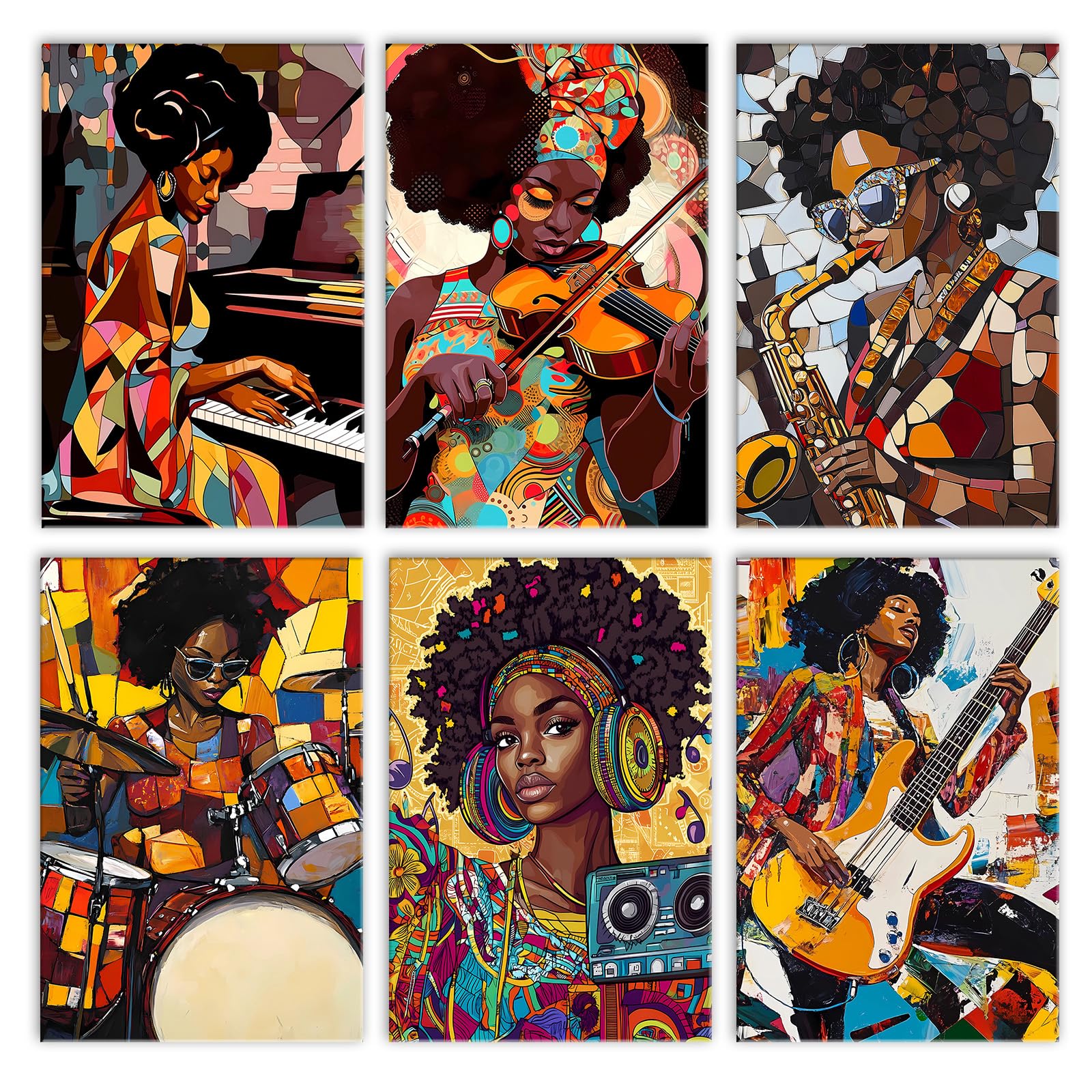 6 Pack South African Woman Paint by Numbers for Adults Beginner Black Musicians Oil Painting Kits on Canvas with Brushes Acrylic Painting DIY Paintwork Home Decor Gifts 8x11.8 Inch (Frameless)