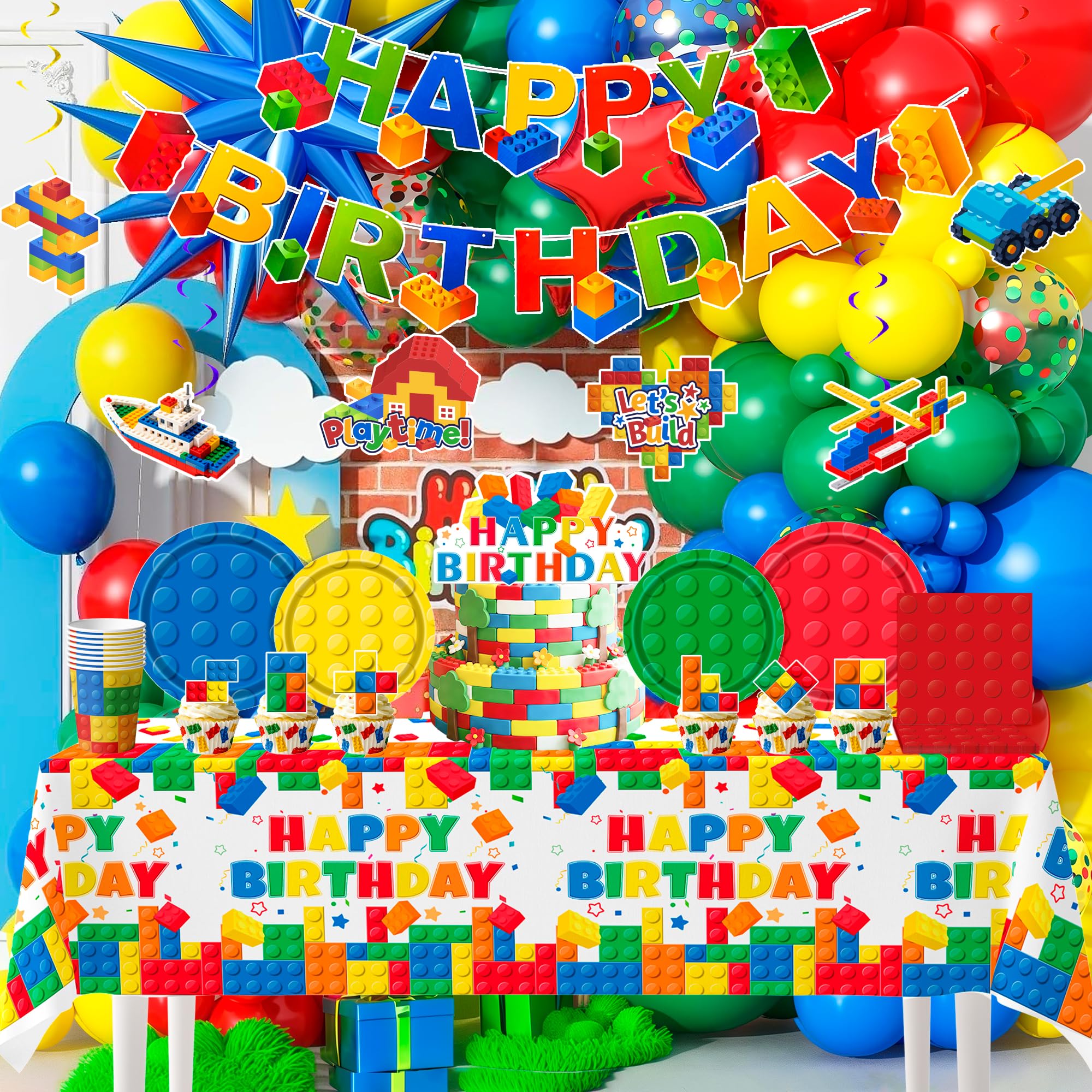 Blocchi di Costruzione Forniture per Feste,114 Pezzi Building Block Decorazione per Feste Set Banner di Compleanno Building Block Tovaglia Piatti Palloncini etc Forniture per Feste Building Blocks