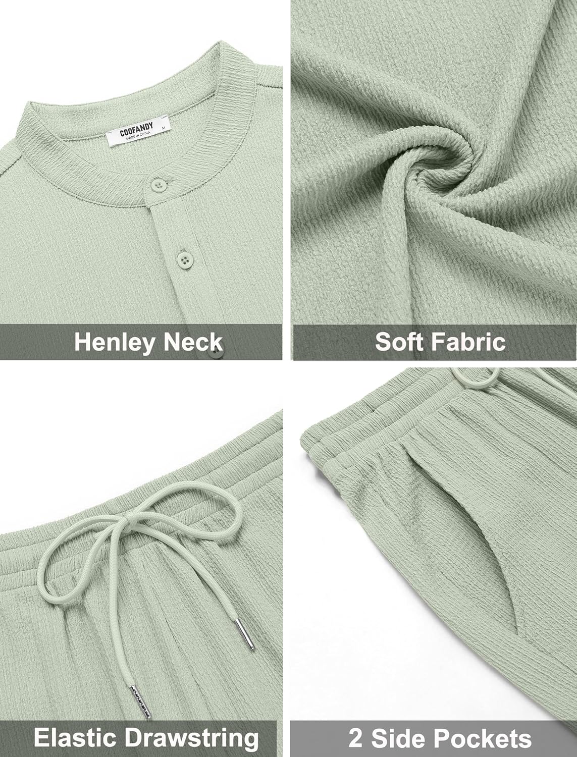 COOFANDY Men's Summer Beach Outfits 2 Piece Casual Textured Henley Shirt and Shorts Set
