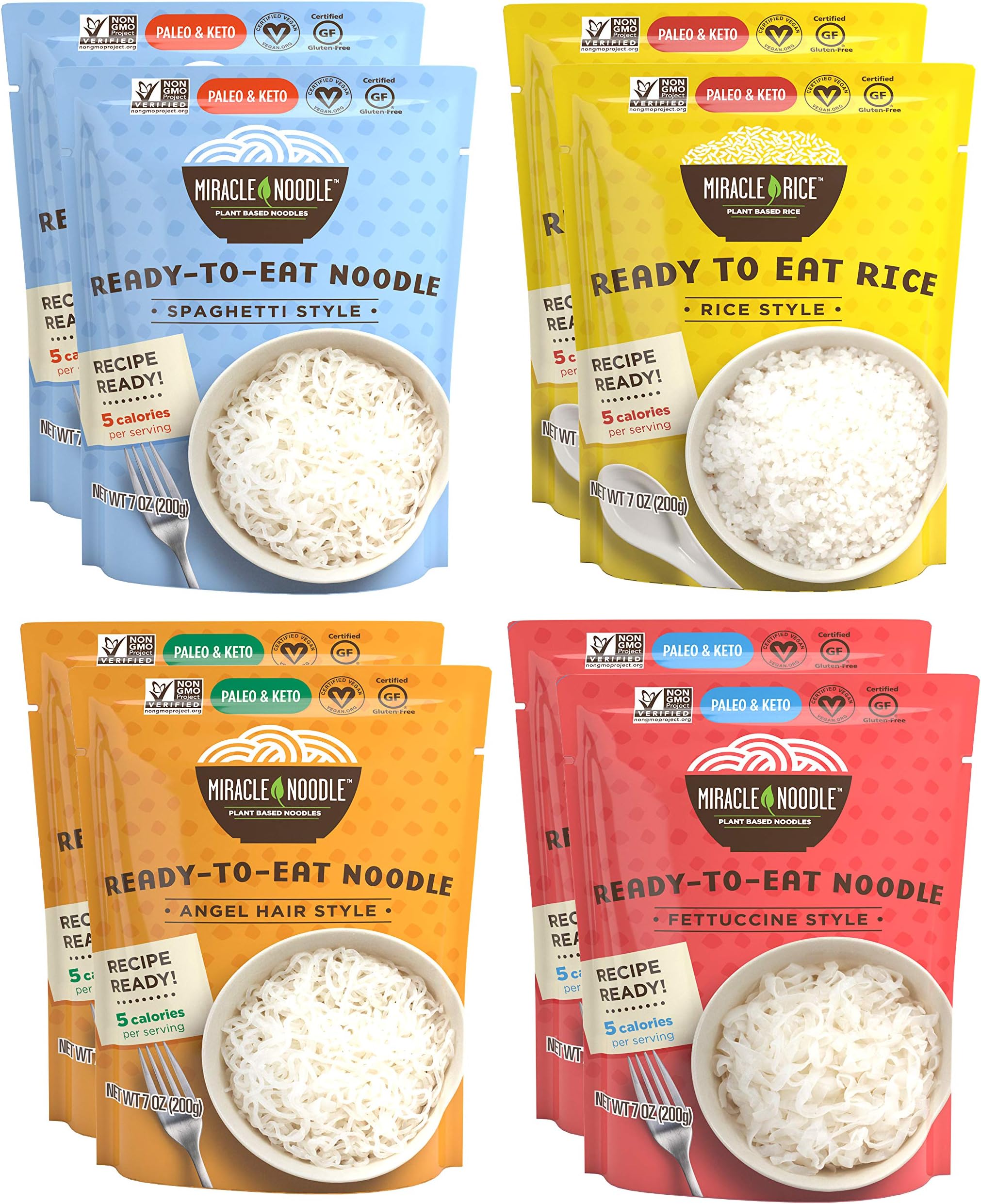 Miracle Noodle Ready to Eat Variety Pack, 7 Oz (Pack of 8), Angel Hair, Fettuccine, Spaghetti & Rice, Plant Based Shirataki Konjac Noodles, 5 Calories, Low Carb, Keto, Gluten-Free