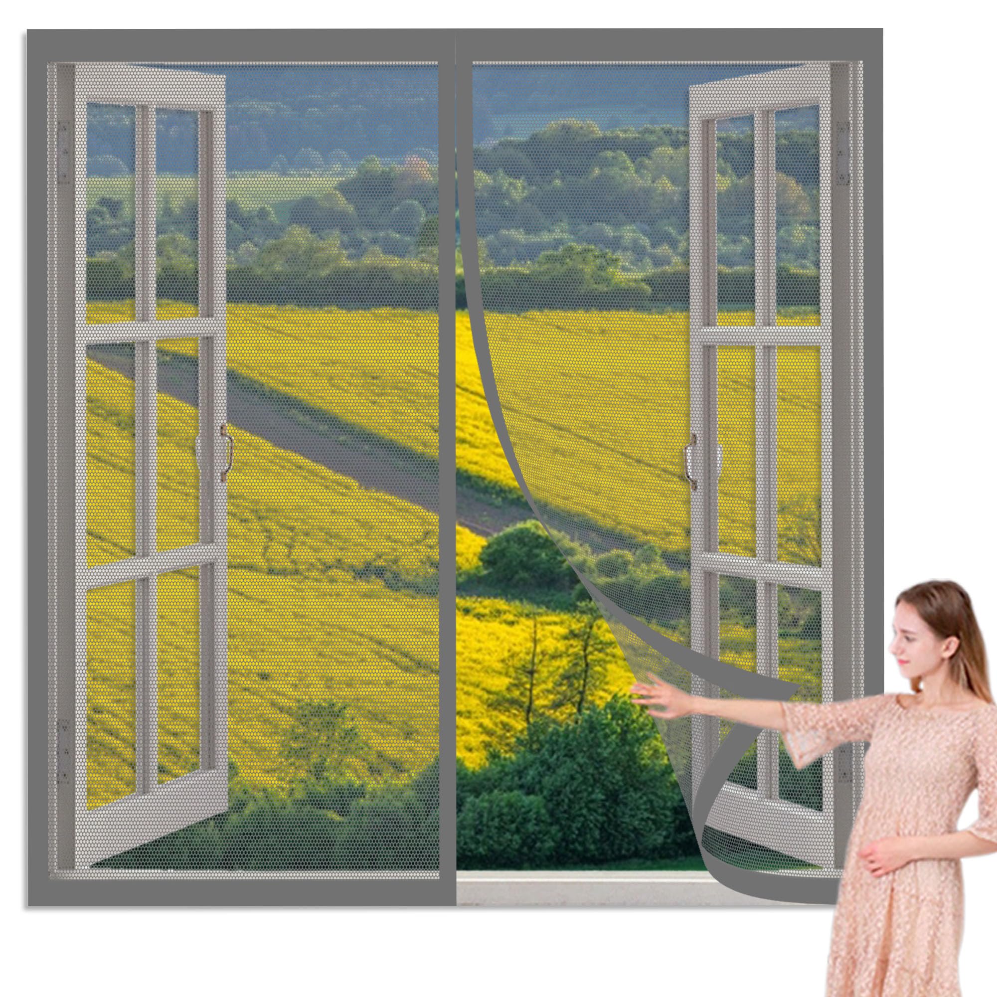Magnetic Window Screen 145 x 170 cm Selfadhesive Tape Mosquito Net Window Without Drilling Or Screwing with Self Adhesive Tape for Windows Doors and Patio Screens, Grey