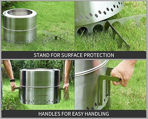 Miniatura 3 de PANDAHOME Fogata sin humo con cenicero extraíble  Chimenea portátil de leña con soportes, hoguera XL al aire libre para campamento, acero inoxidable
