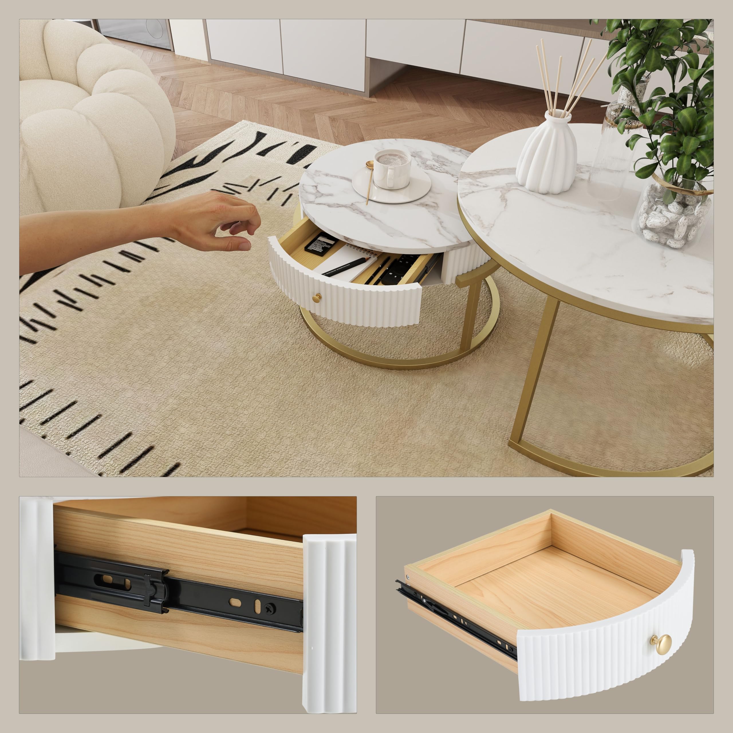 Table Basse Salon Ronde Blanche Marbre avec Rangement, Table Basse Doré Gigogne Ronde avec Tiroir