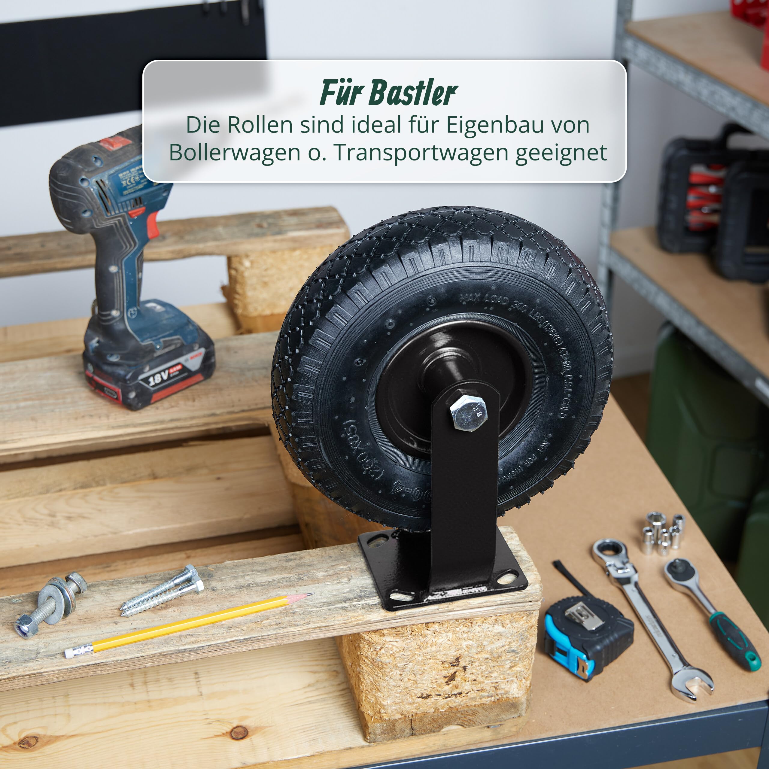 Relaxdays 2X Bockrolle + 2X Lenkrolle Set, luftbereiftes Schwerlastrad 3.00-4, Transportrollen Platte 120 kg, schwarz