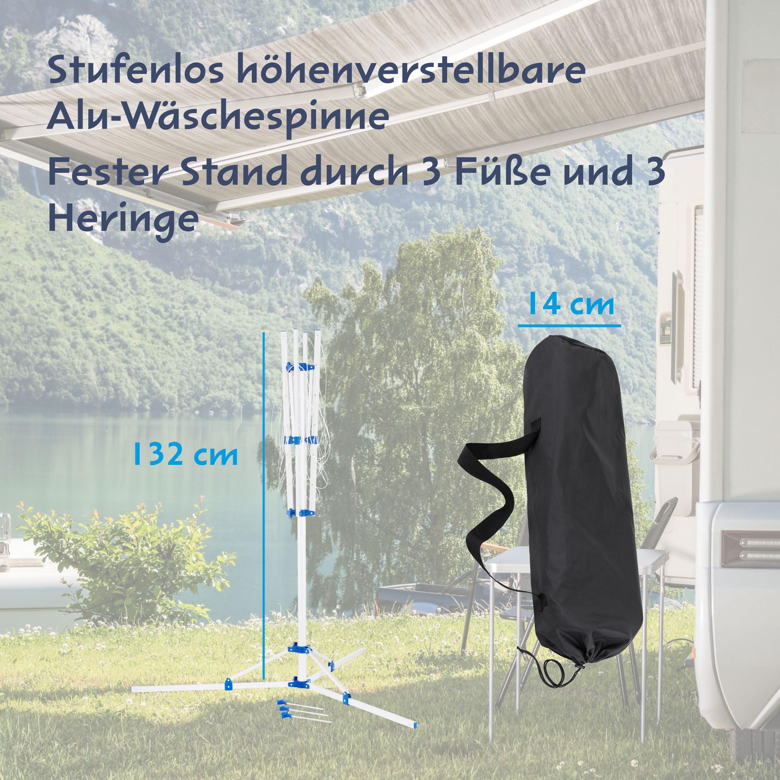 cartrend Caravan Wäschespinne Alu mit Stativ, ultraleicht mit sicherem Stand, stufenlos höhenverstellbar, witterungsbeständig, robust, zusammenklappbar, platzsparend, mit 3 Heringen und 3 Standfüßen