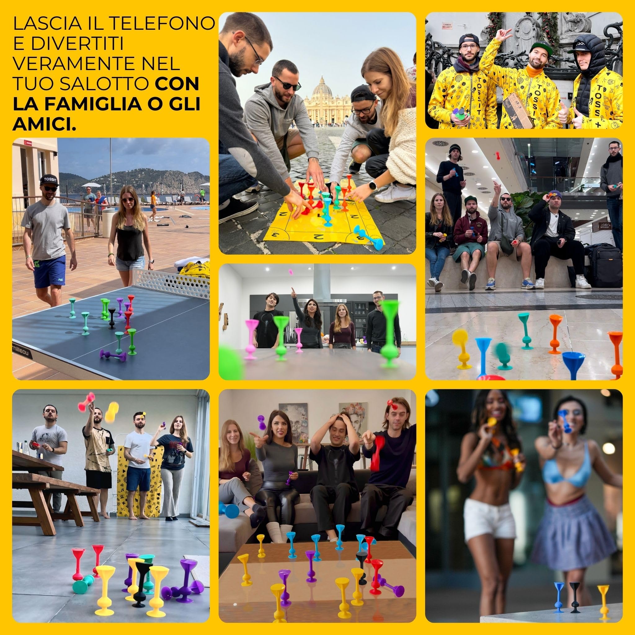 TOSSIT Gioco di Lancio Divertente con Ventosa, Interni Esterni, Si Attacca a Muri, Finestre, Pavimenti, Alternativa Freccette, Bocce, Pétanque, Famiglia, Amici, 8 Colori, Party Pack
