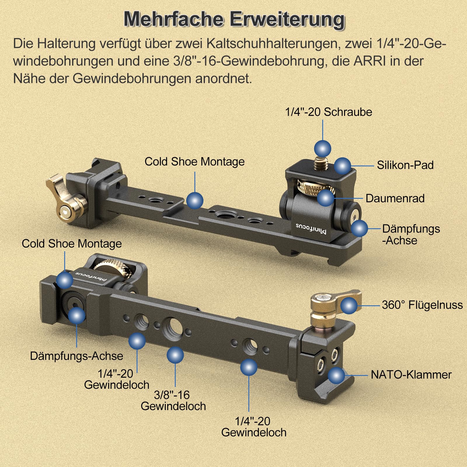 Verstellbare Kamera-Monitorhalterung mit NATO-Schnellverschluss, Cold Shoe Mount, 360° drehbare Field Gimbal Monitorhalterung für DJI RS 4 Mini/RS 4 / RS 4 Pro/RS 2 / RSC 2 / RS 3 / RS 3 Pro/RS 3 Mini