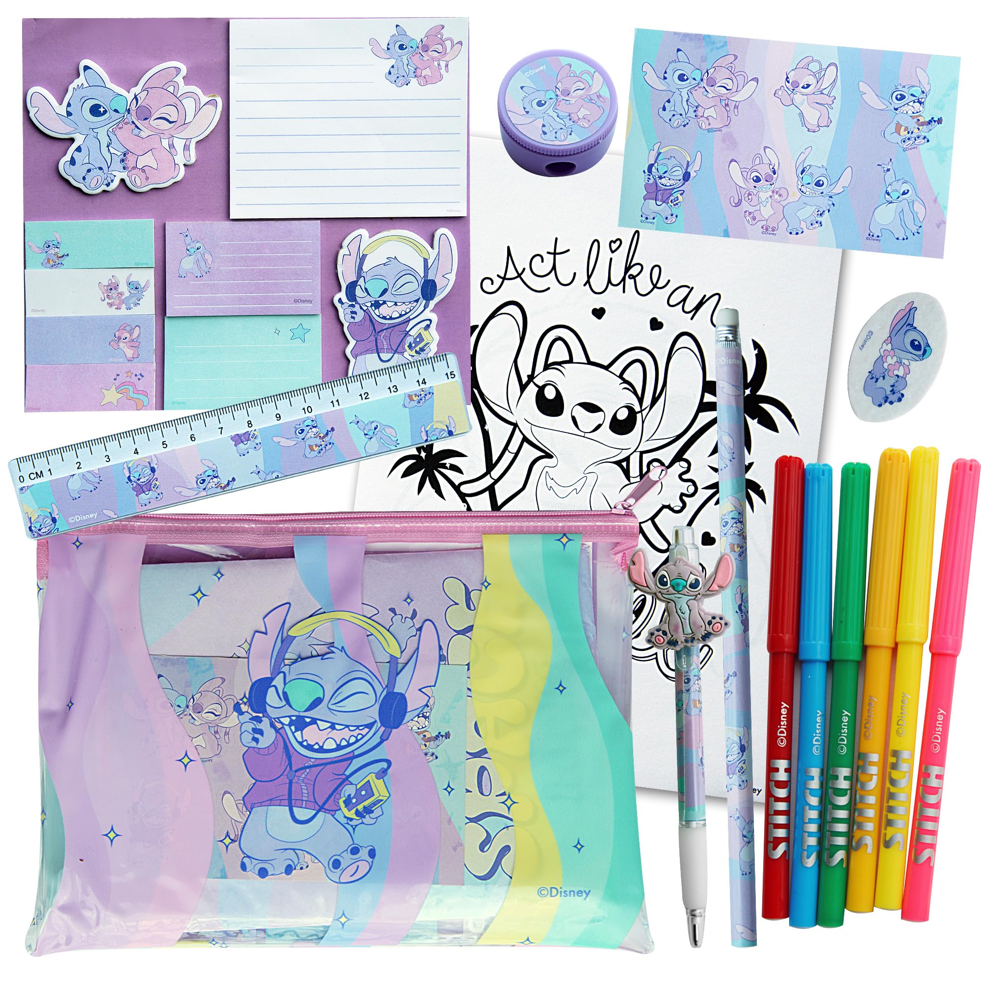 Stitch Set Di Cancelleria Colorata Per Bambini - Kit Scuola Completo Con Matite, Pennarelli, Gomma, Righello E Temperamatite. Astuccio A Tema Lilo & Stitch. Regalo Per Ritorno A Scuola. - 2
