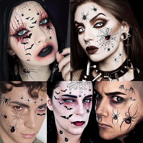 Miniatura 5 de 10 hojas de calcomanías de Halloween con diseño de telaraña para Halloween, maquillaje de bruja de telaraña aterradora para Halloween, arañas, medio