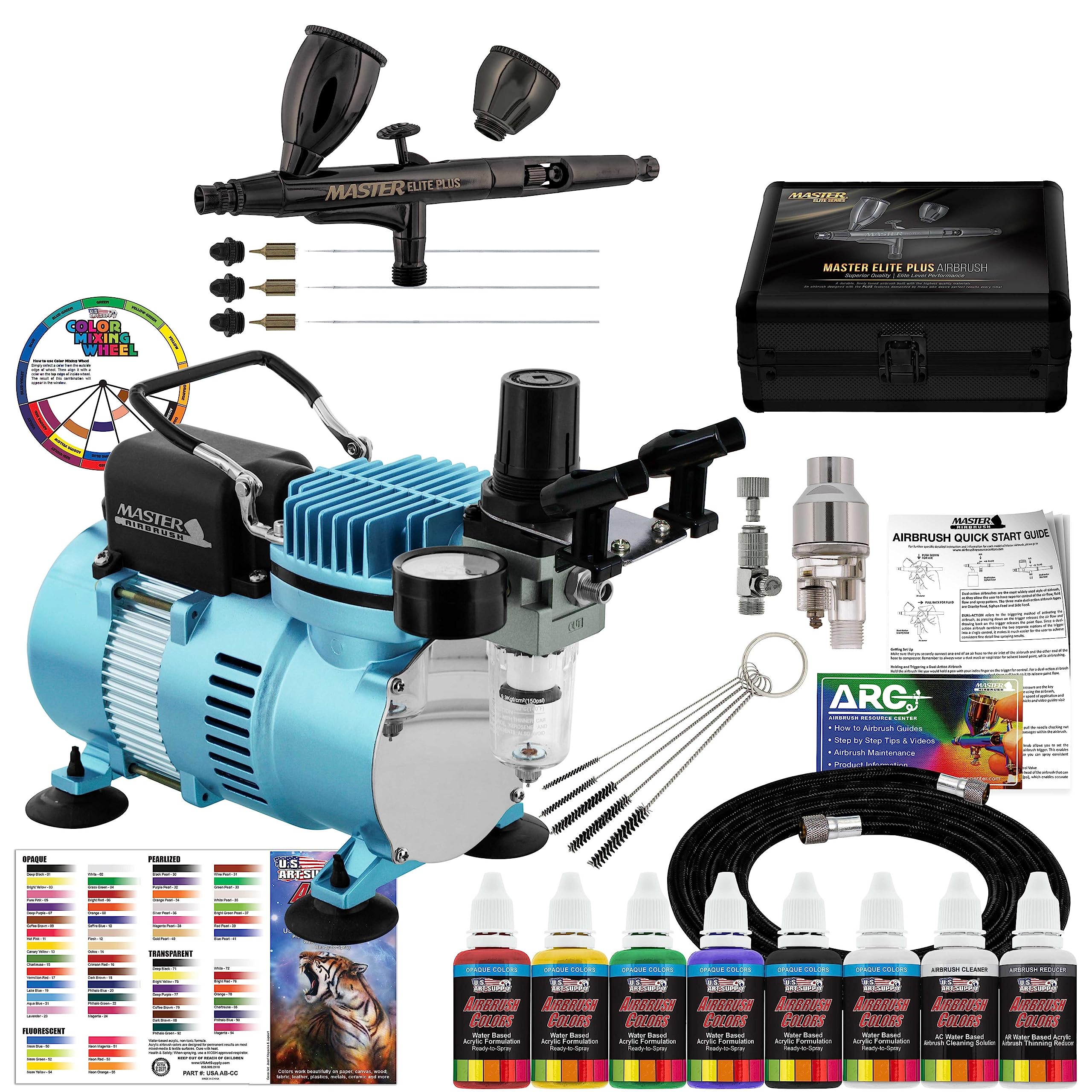 Master Airbrush Cool Runner II Dual Fan Air Compressor System Kit with Master Elite Plus Ultimate Airbrush Set with 3 Tips 0.2, 0.3 & 0.5 mm, Case, Dual-Action, 2 Cups, 6 Color Acrylic Paint Set