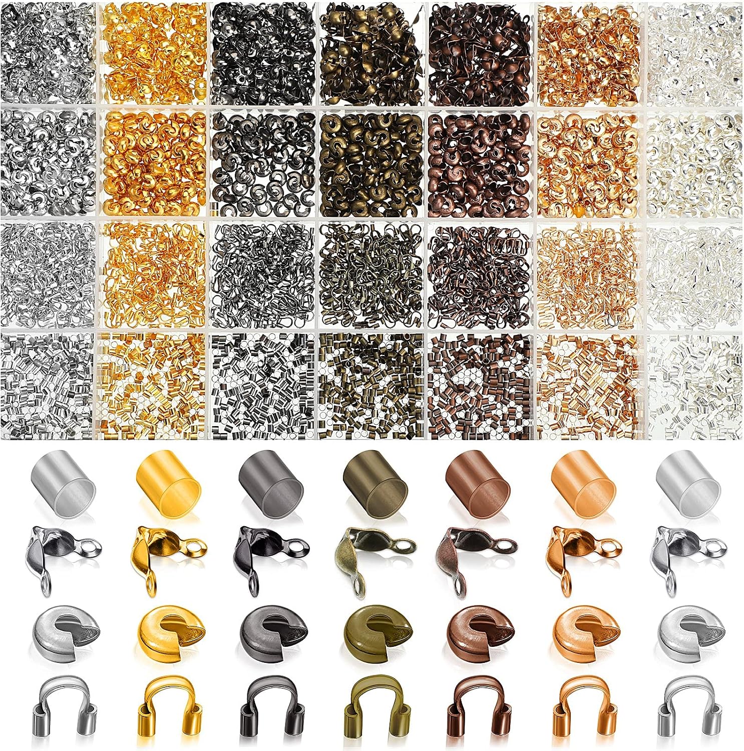 2100 Pieces Brass Tube Crimp Beads Wire Guardians Bead Tips Knot Covers for DIY Jewelry Bracelets Necklaces Making(Assorted Colors)