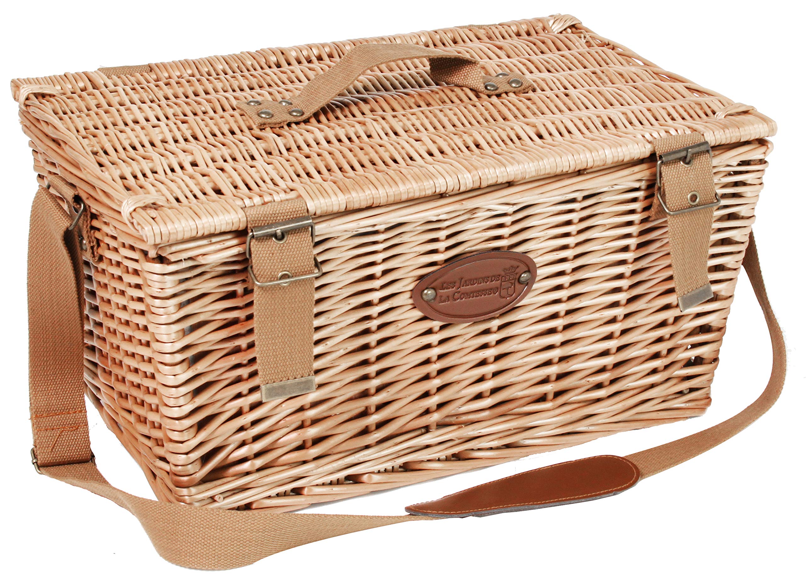 Les Jardins de la Comtesse - Panier Pique-Nique Concorde en Osier - 4 Personnes/Glacière Isotherme/Assiettes/Verres à Vin/Timbales en Aluminium - Tissu Couleur Blanc et Gris - 47 x 31 x 24 cm
