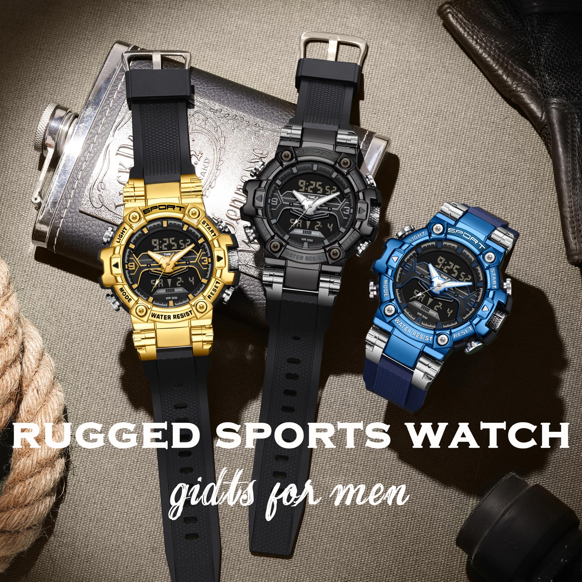 findtime Reloj deportivo militar para hombre, reloj digital resistente al agua con retroiluminación LED, alarma, cronómetro