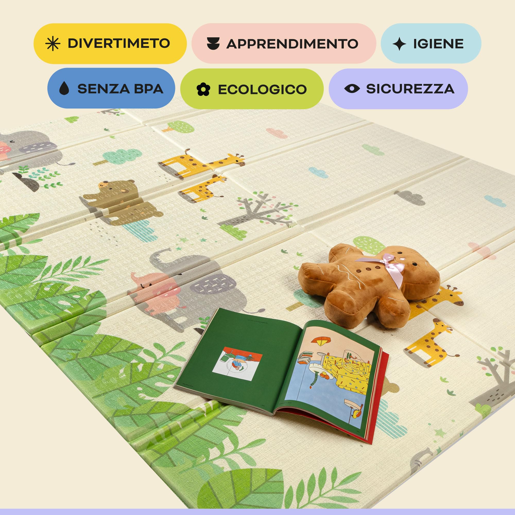 Tappeto da gioco bambini 150×180×1 cm pieghevole reversibile atossico impermeabile antiscivolo palestra neonato tummy time bambini arco giochi neonato 0-3/3-6/6-9 mesi sviluppo sensoriale