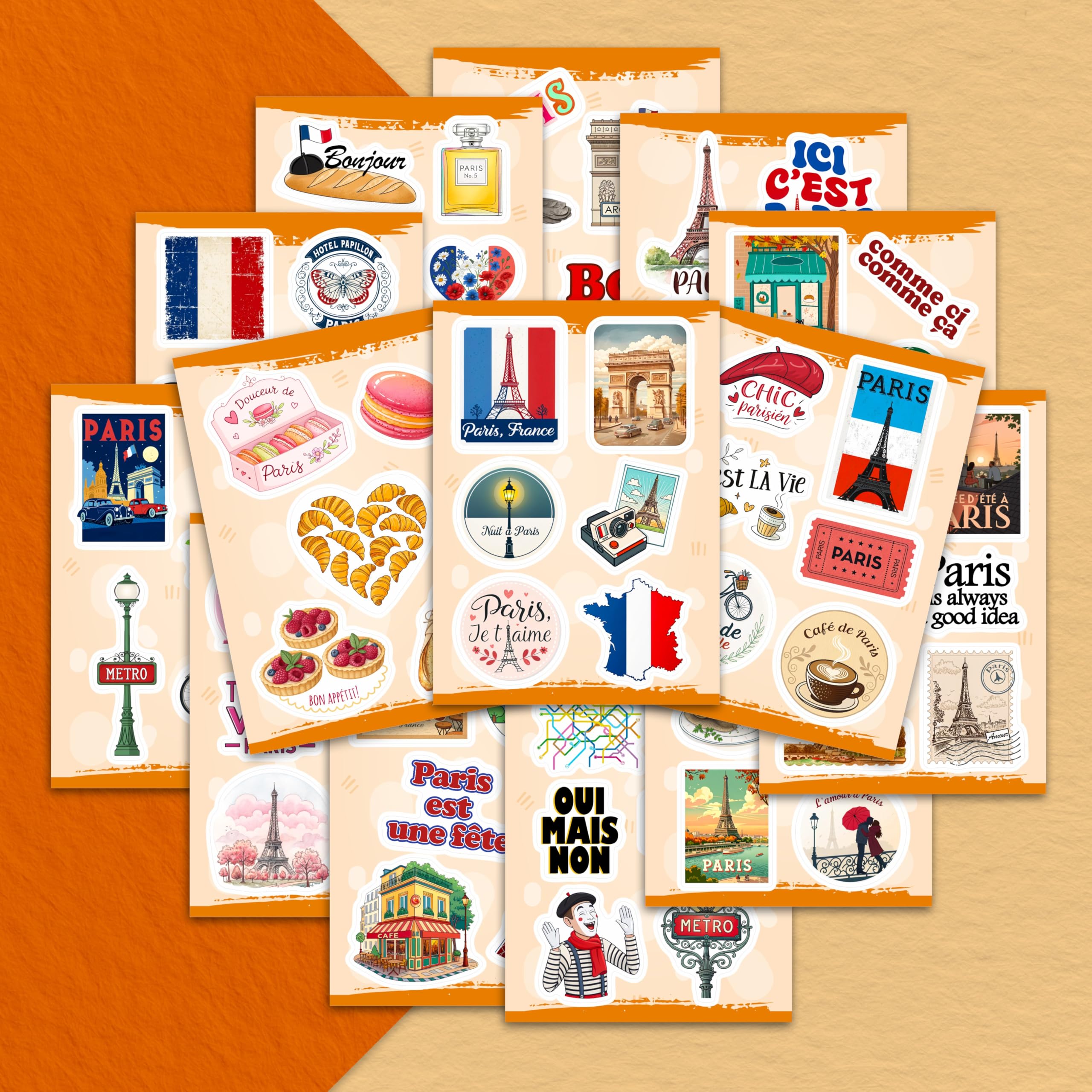 100Pcs French Stickers - Paris France Stickers for Water Bottle, Laptops - Eiffel Tower Decals - Paris Party Supplies - Gift for Women & Men