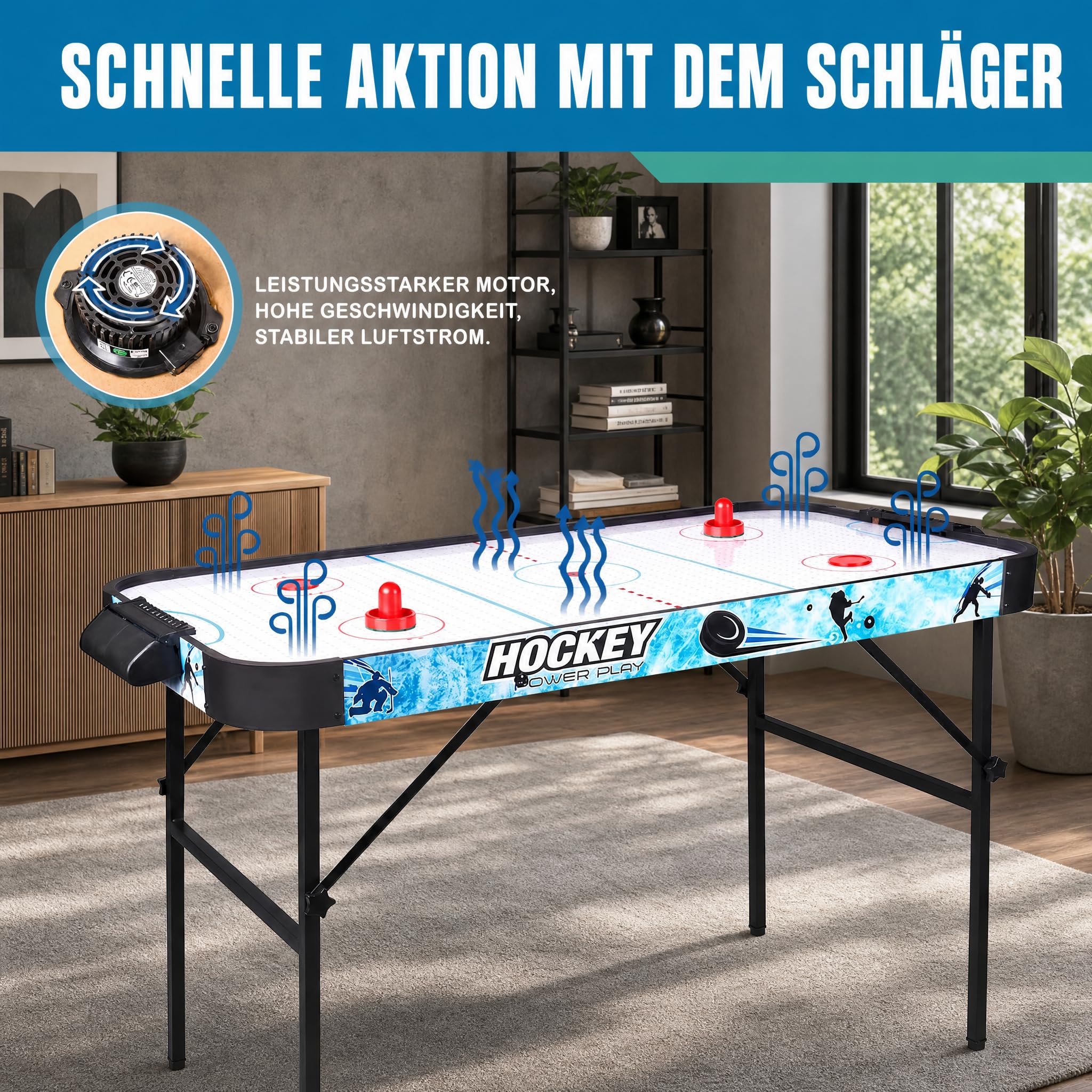 hotsizz Air Hockey Tisch, faltbar, 138 × 61 × 76 cm, ausgestattet mit zwei Schlägern und zwei Pucks, geeignet für Erwachsene und Kinder.