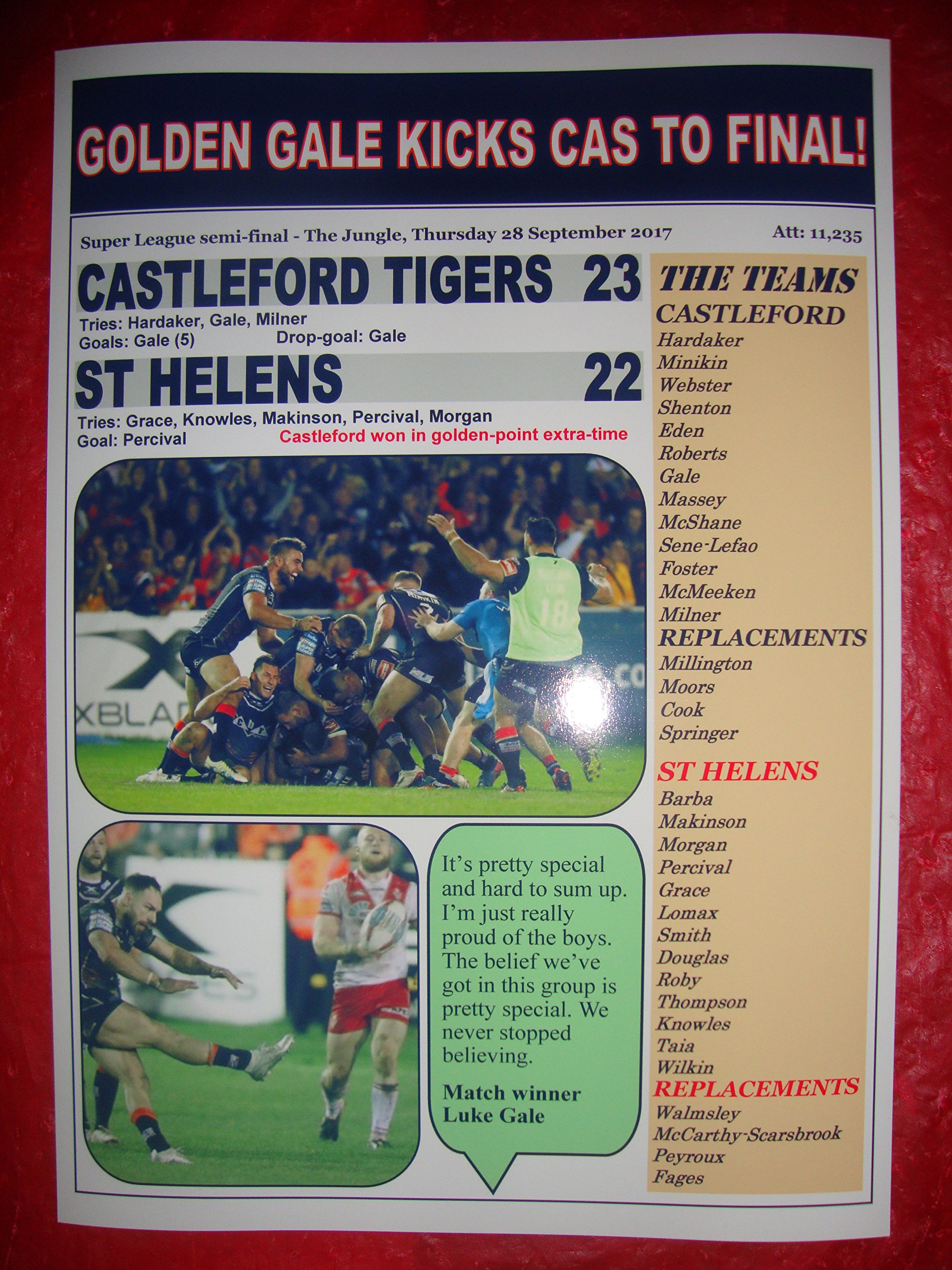 Lilywhite Multimedia Castleford Tigers 23 St Helens 22-2017 Super League semi-final - souvenir print