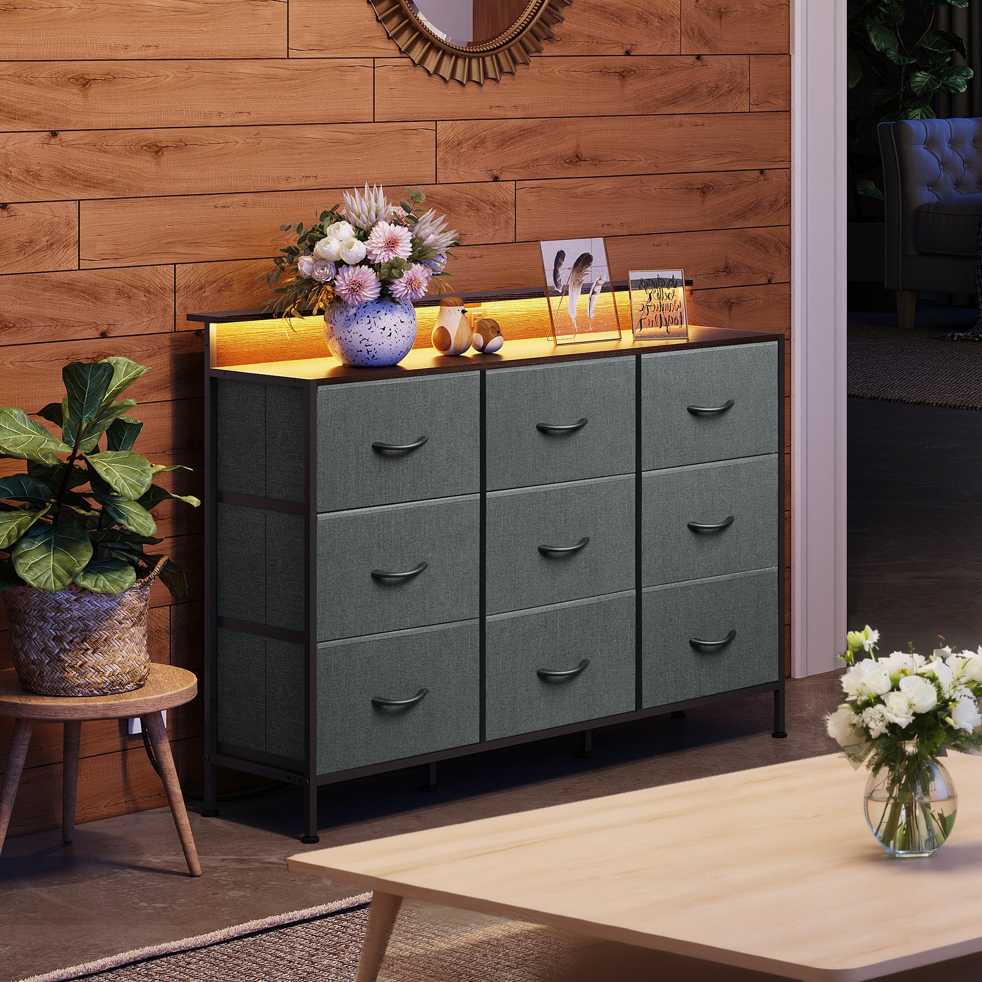 Amazon.com: WLIVE Grey Dresser TV Stand for 45, 50, 55 inch TV, Entertainment Center with LED Lights & Charging Station, Chest of drawers with 9 Fabric Drawers and Open Shelves for Living Amazon.com: WLIVE Grey Dresser TV Stand for 45, 50, 55 inch TV, Entertainment Center with LED Lights & Charging Station, Chest of drawers with 9 Fabric Drawers and Open Shelves for Living