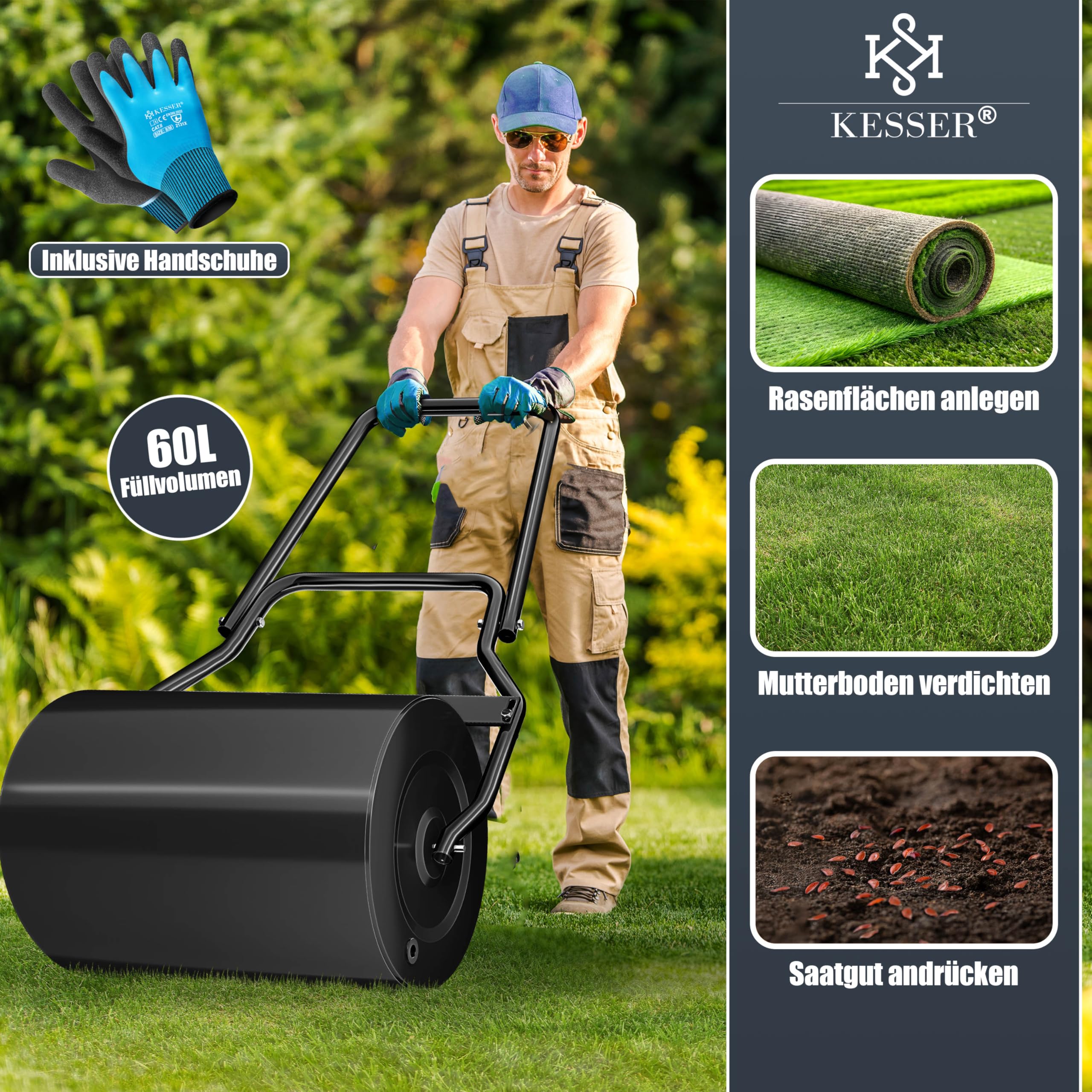 KESSER Rullo per prato, in metallo, riempibile con acqua o sabbia, con capacità di riempimento di 60 litri e larghezza 50 cm, rullo da giardino con guanti, rullo manuale per prato, rullo per