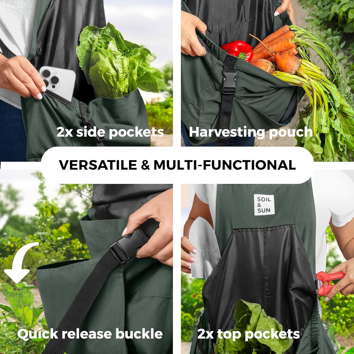 Soil & Sun Gardening Apron with Pockets and Harvesting Pouch - Durable Canvas Design for Men and Women - Convenient Tool Storage and Effortless Harvesting