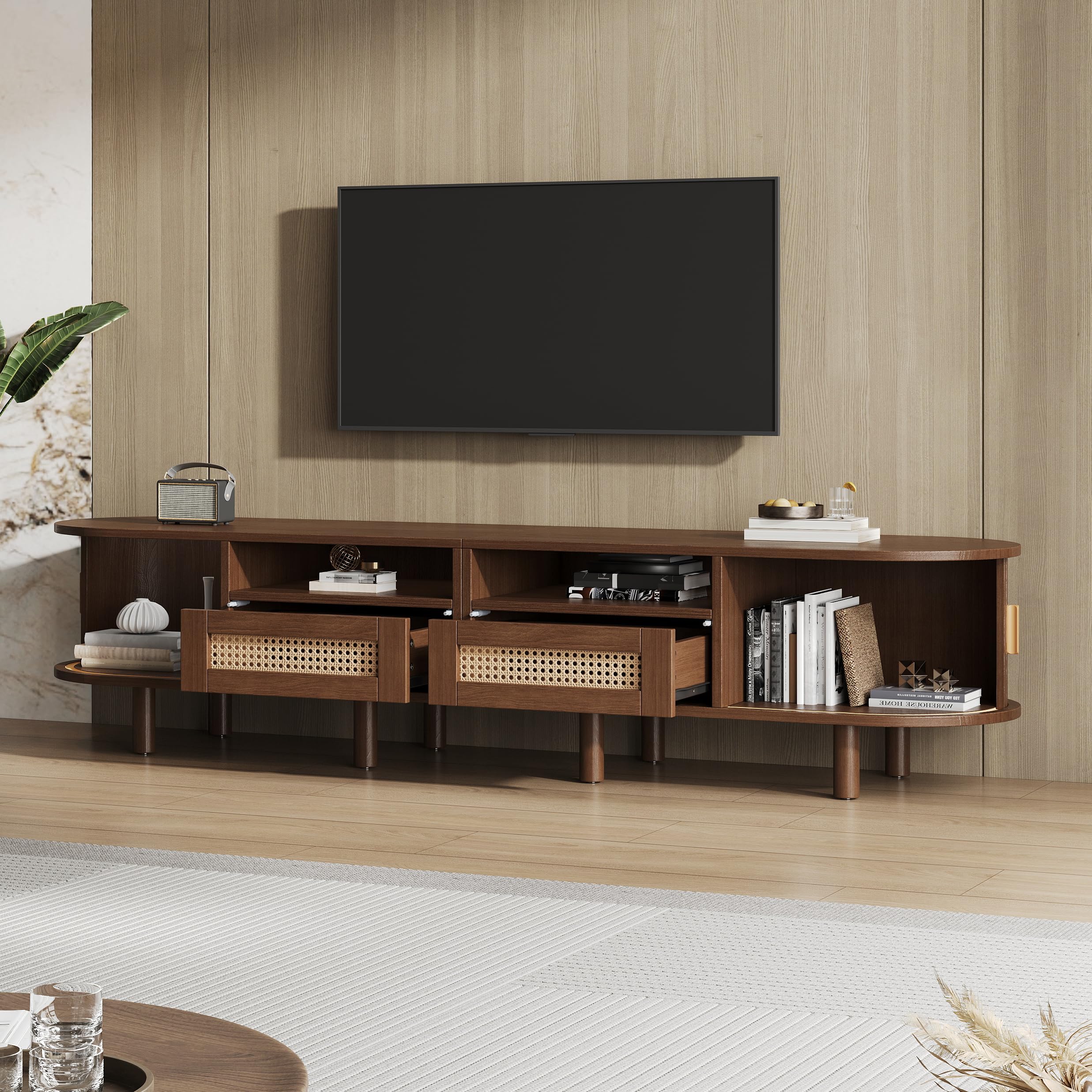ModernLuxe Mobile TV Ovale e Tavolo TV per 70 Pollici, con 2 Cassetti in Rattan, 2 Ante Scorrevoli, Credenza Bassa, 170 * 40 * 40 cm Color Noce