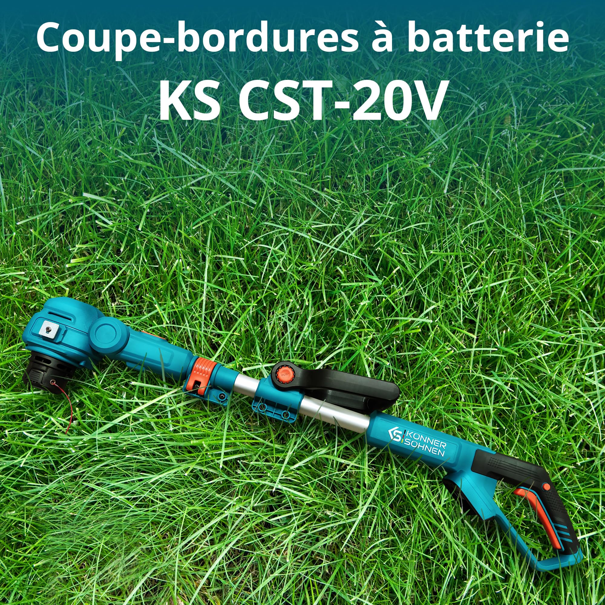 Könner & Söhnen KS CST-20V akumulatorowa podkaszarka 20 V 2,0 – 4,0 Ah z drążkiem teleskopowym, obrotowym uchwytem, kółkiem prowadzącym i 2 trybami pracy: podkaszarka do trawy i przycinanie krawędzi