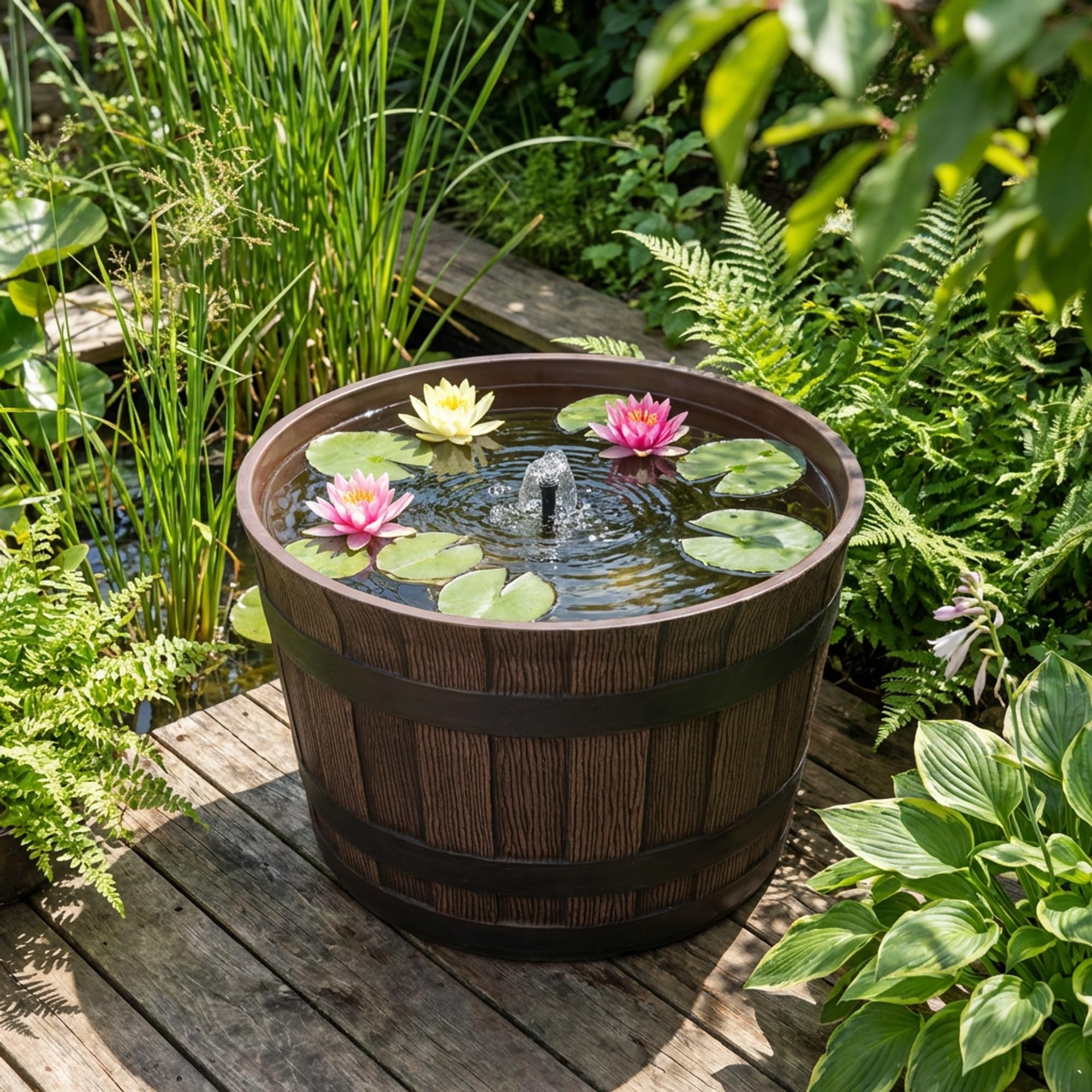 Pflanzkübel Barrique Holzoptik Ø36 cm – Kunststoff Blumenkübel im Barrique Fass Design – Ideal als Miniteich, Wasserspiel oder Übertopf – Wasserdicht und Frostbeständig
