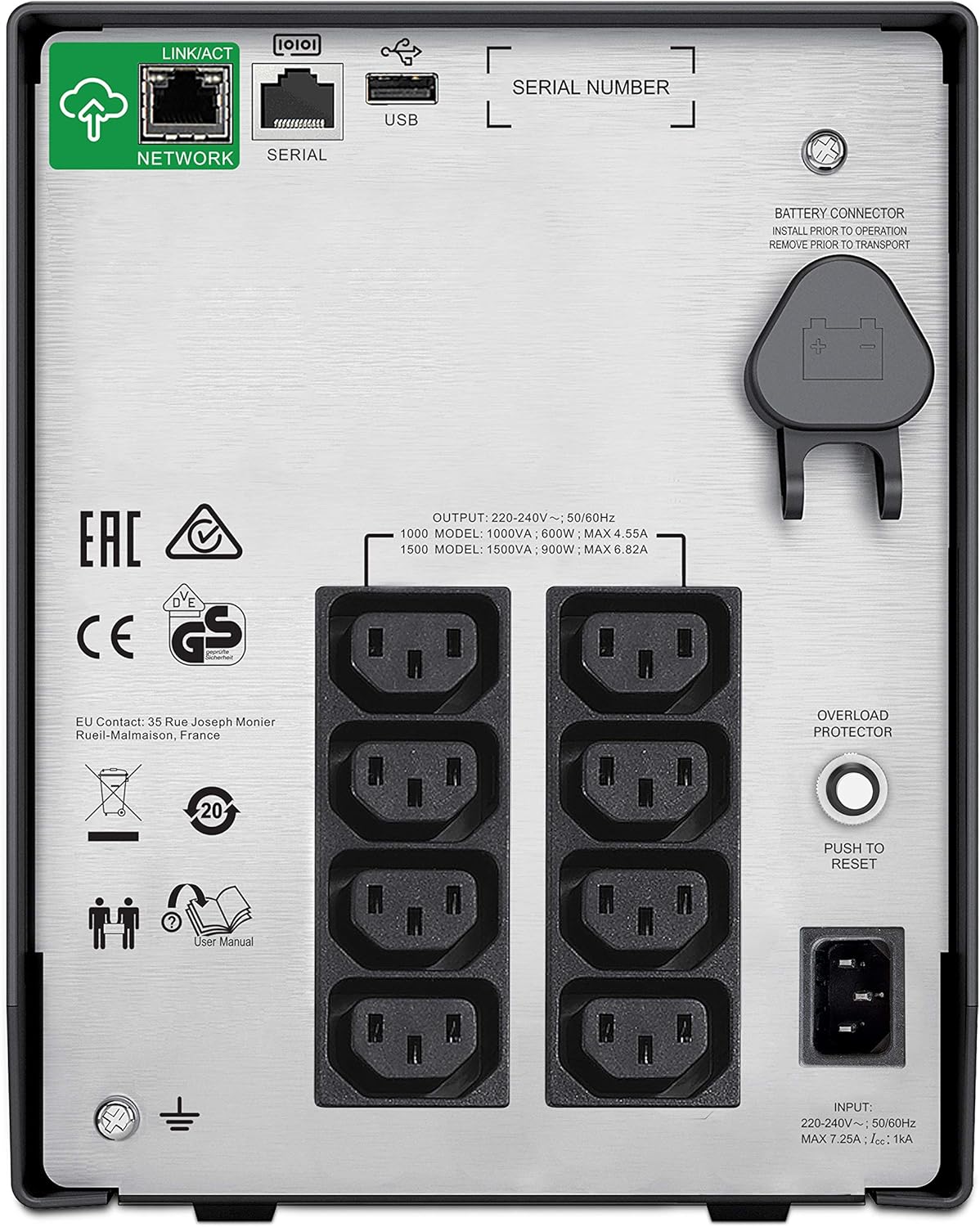 Rear panel of the APC SMC1500IC UPS showing power outlets, network, serial, and USB ports.