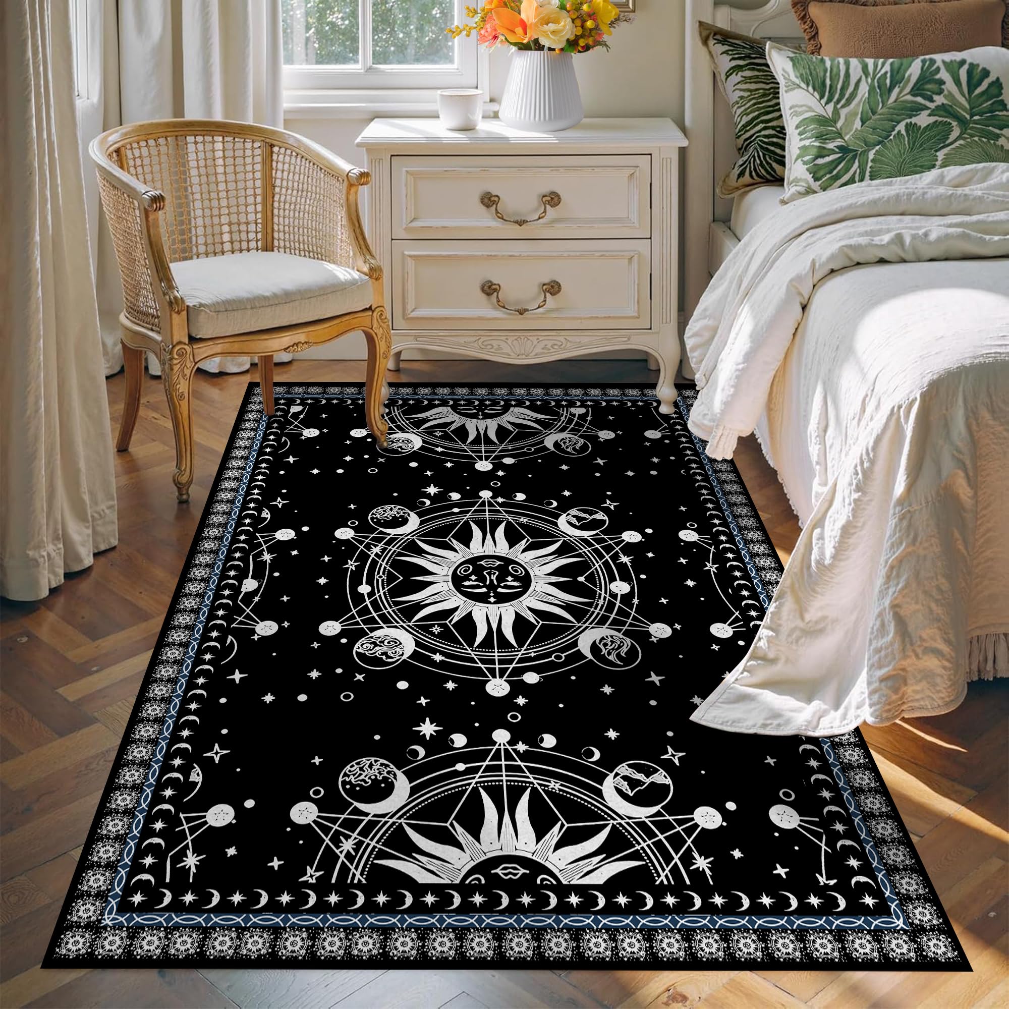 4' x 6' Large Sun and Moon Rug Boho Celestial Area Rugs for Bedroom Dorm Living Room Bohemian Occult Crescent Solar Stars Galaxy Floor Mat Pad Doormat