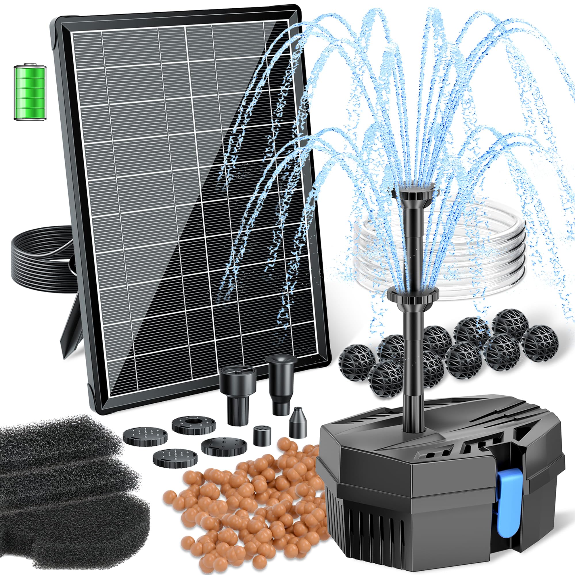 Biling Filtro per laghetto solare da 8 W, con batteria e 10 ugelli, pompa solare per laghetti chiari fino a 500 l, pompa filtro silenziosa per mini laghetto da giardino, fontana, giochi d'acqua, bagno - 2